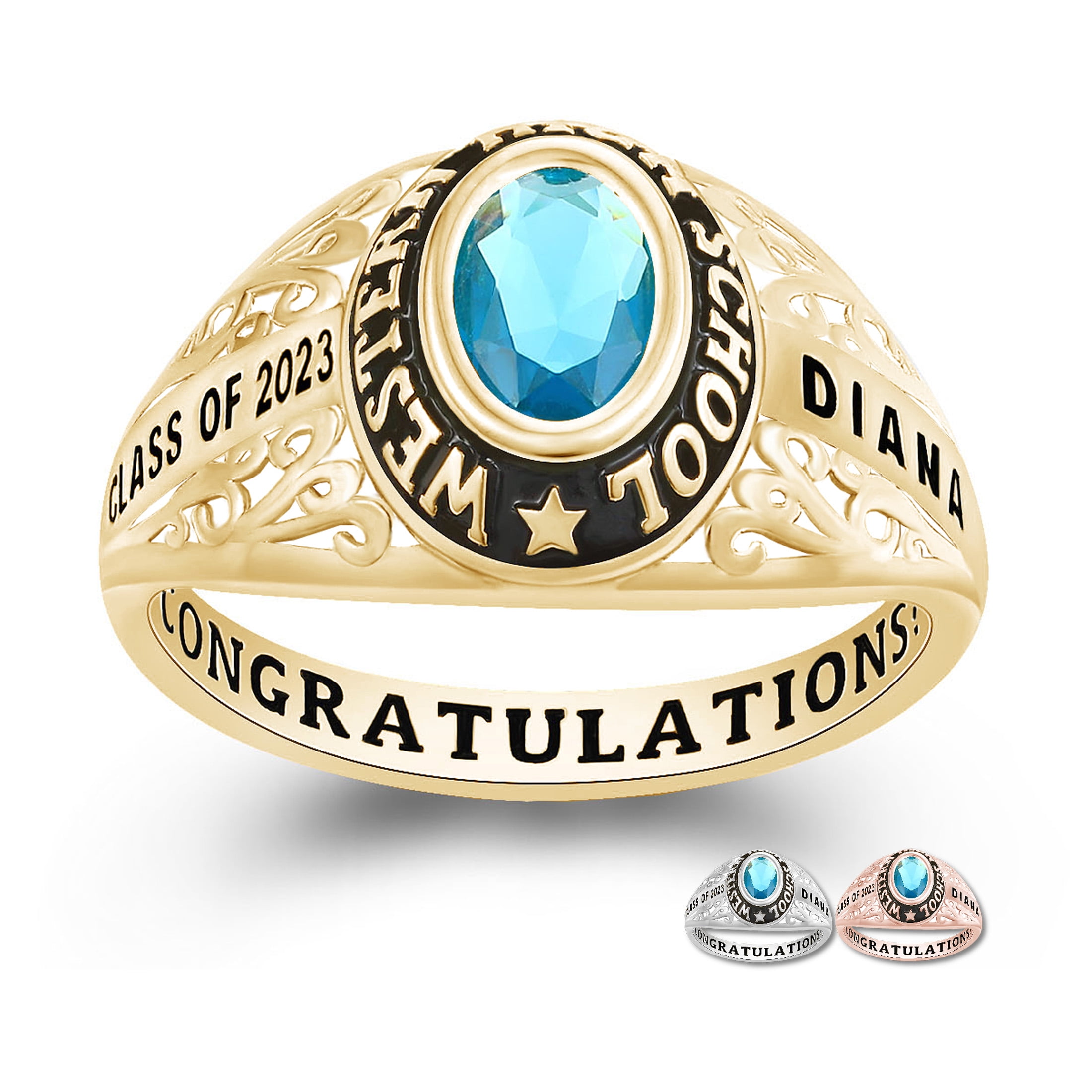 Mementos USA Customized Sterling Silver Class Rings for Women High School College-Gold-Filigree