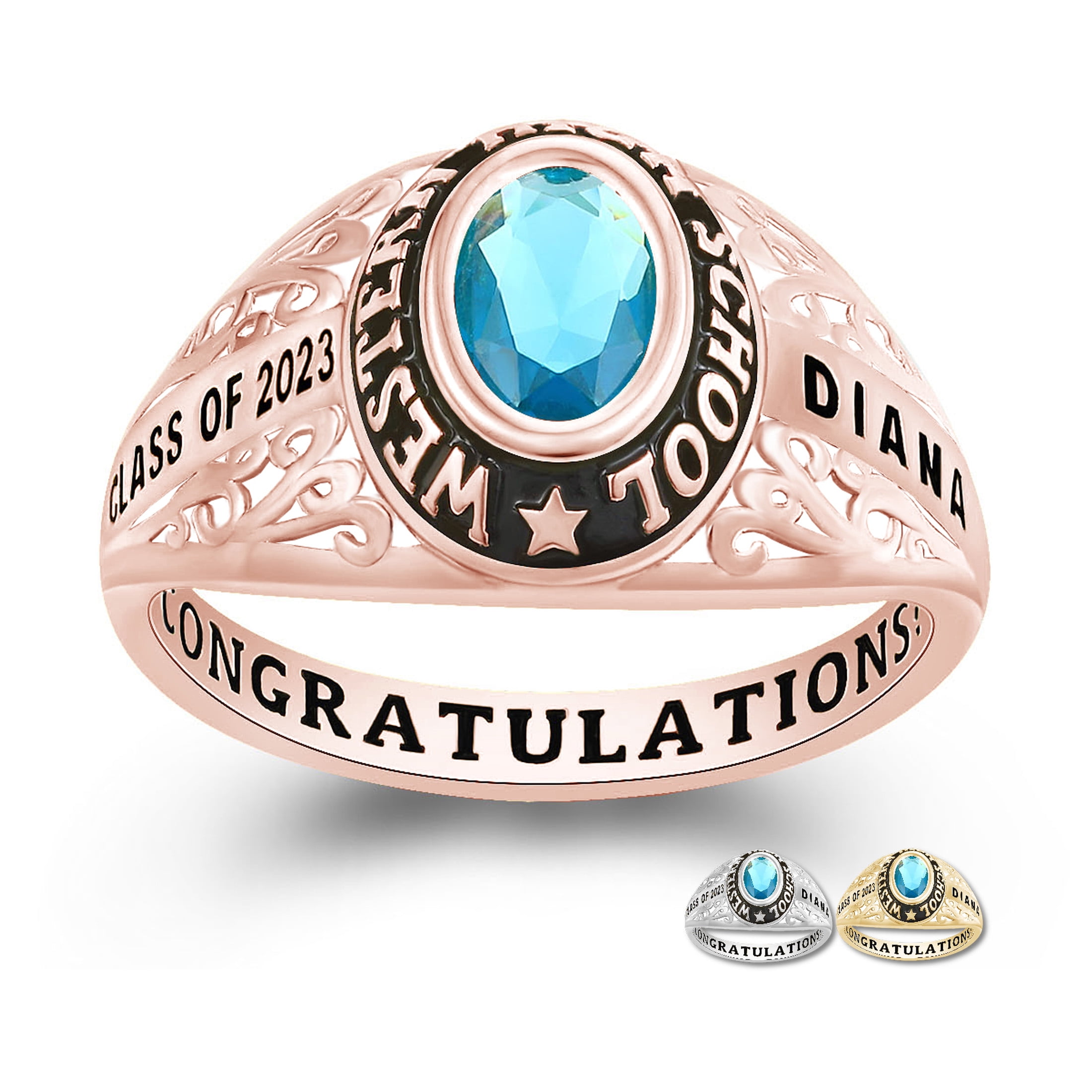 Mementos USA Customized Sterling Silver Class Rings for Women High School College-Rose Gold-Filigree
