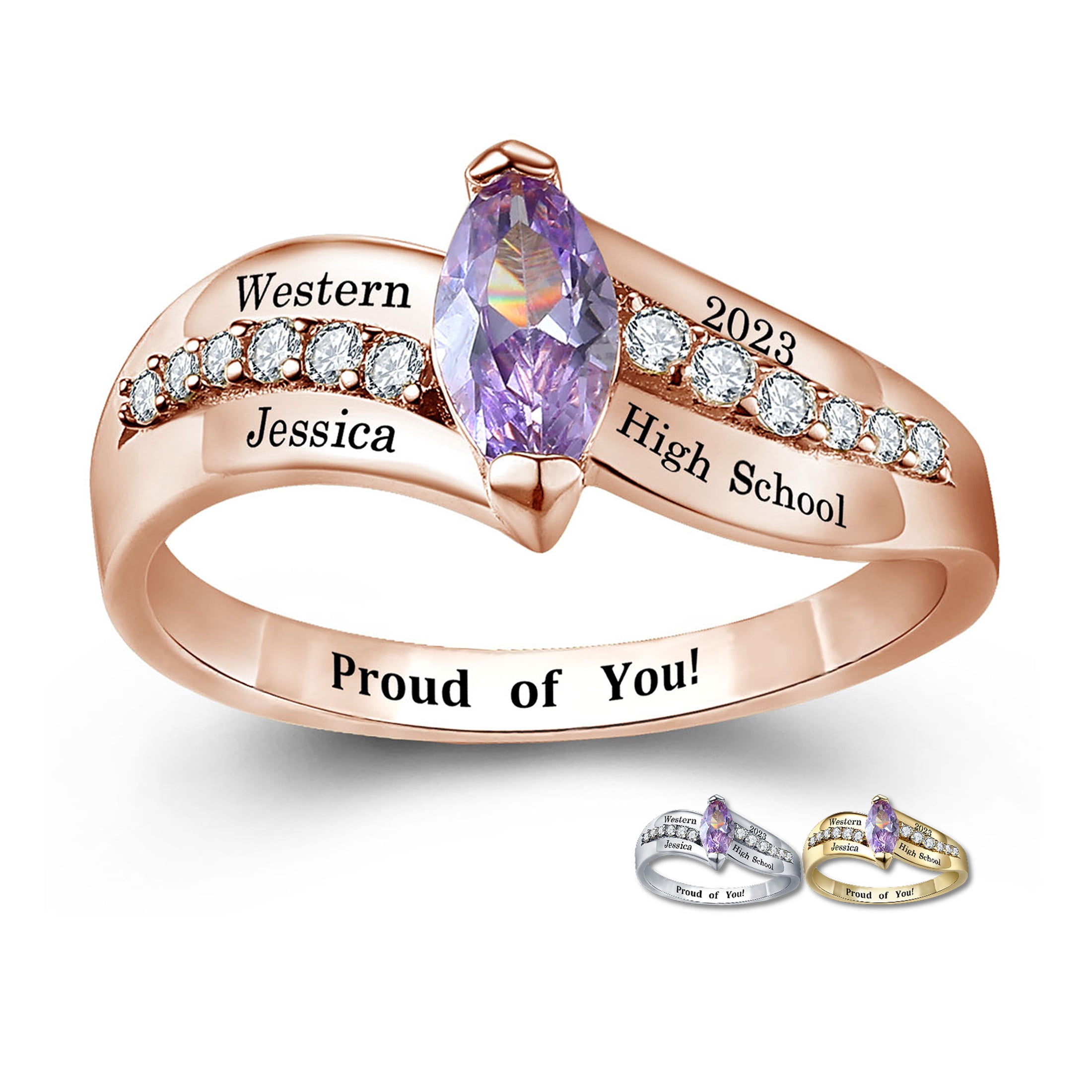Mementos USA Custom Fashion Class Rings for Women High School and College-Sterling Silver/Rose Gold