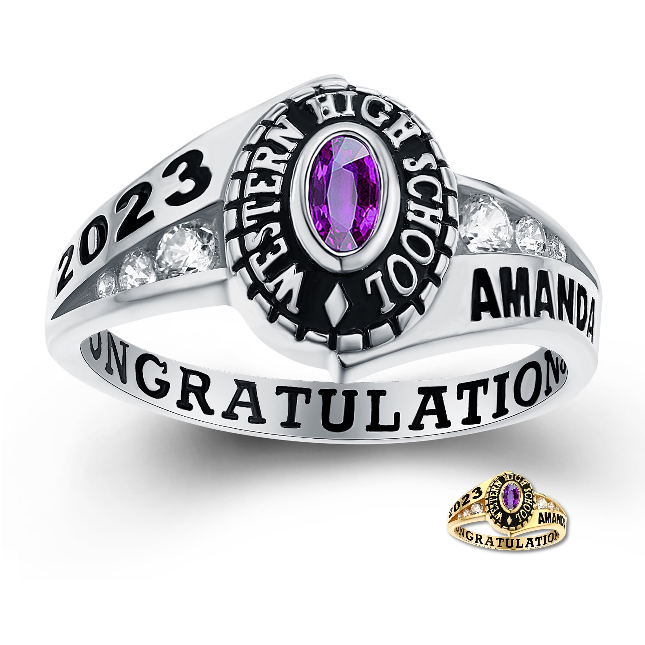 Mementos PJM Custom Women's Class Rings 10kt White Gold for High School ...