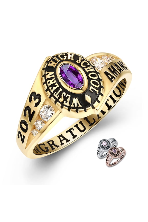 Mementos PJM Custom Women's Class Rings Sterling Silver for High School or College-Gold Plated