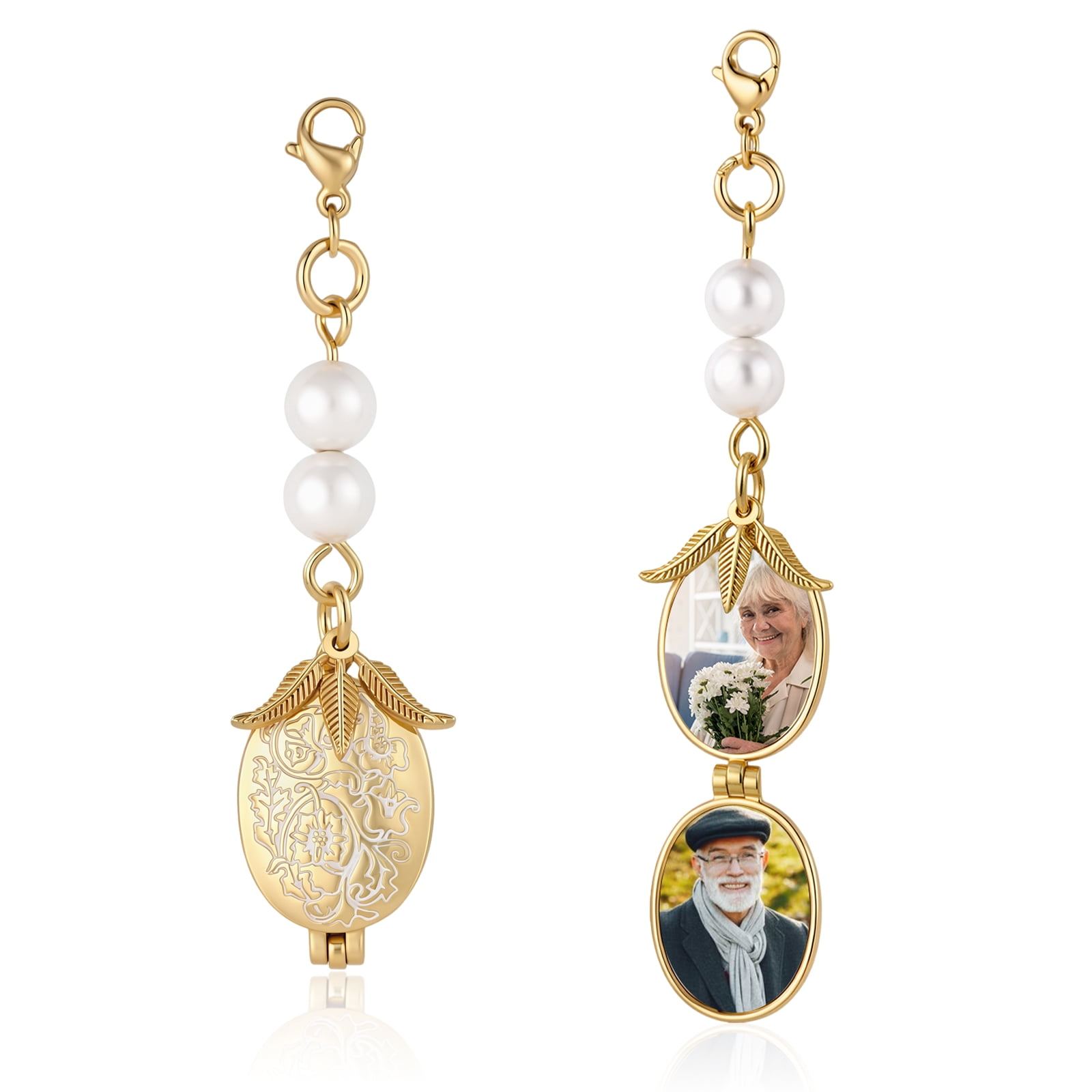 Mementos Personalized Brass Oval Photo Locket Necklace, 2 Custom Photos, Pearl Beads