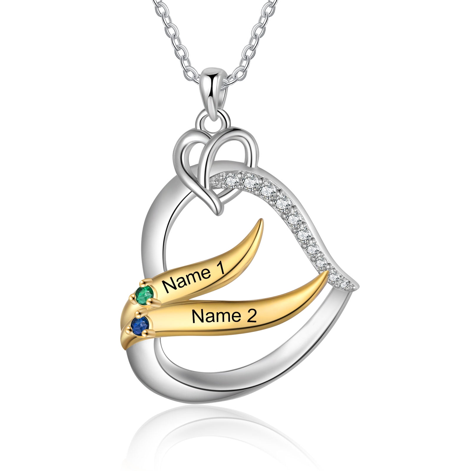 MEMENTOS JEWELRY Mementos Personalized Rhodium Plated Brass Family Necklace for Women(Mom) with 2 Birthstones Names