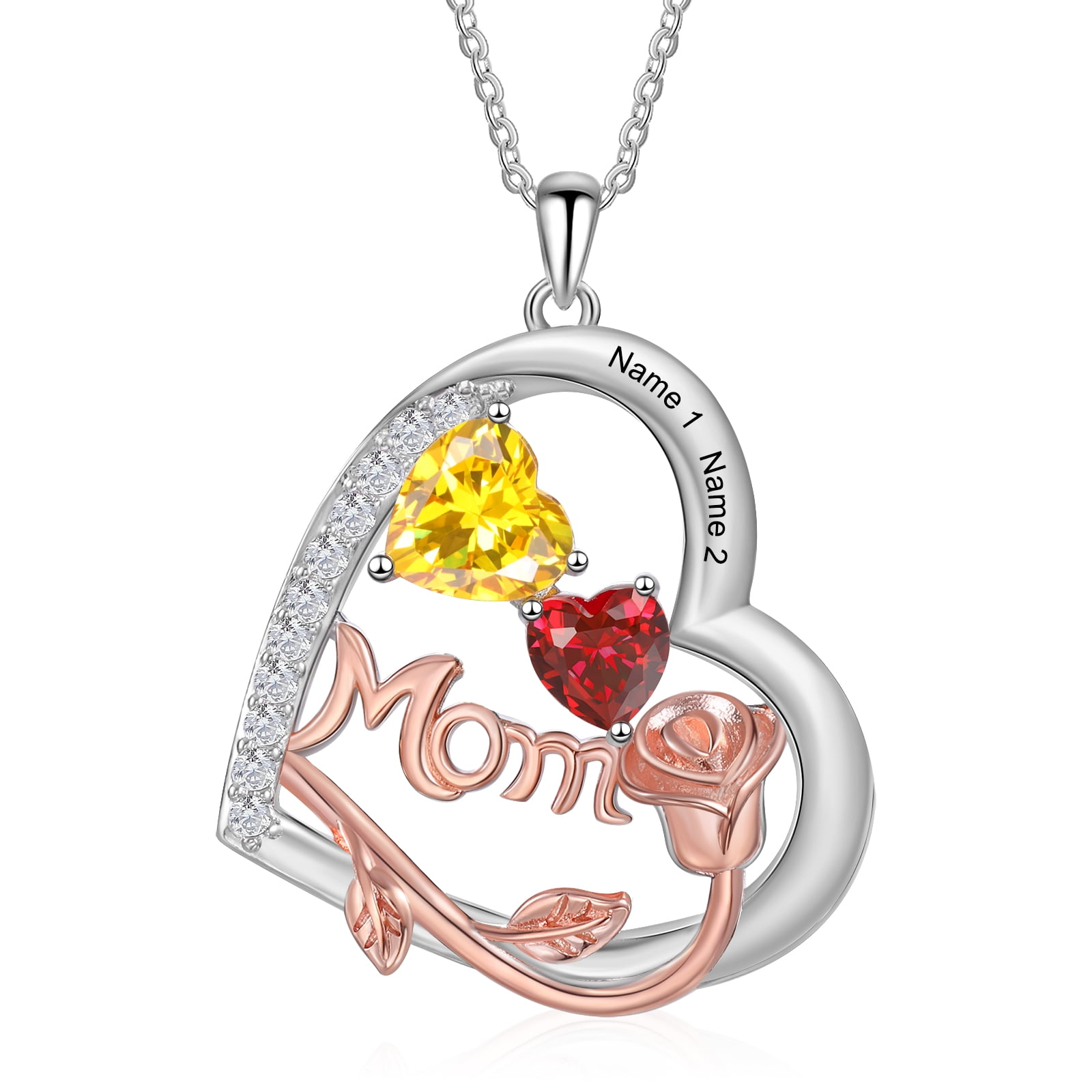 MEMENTOS JEWELRY Mementos Customized Brass Heart Family Women's (Mother's) Necklace with 2 Birthstones and Names