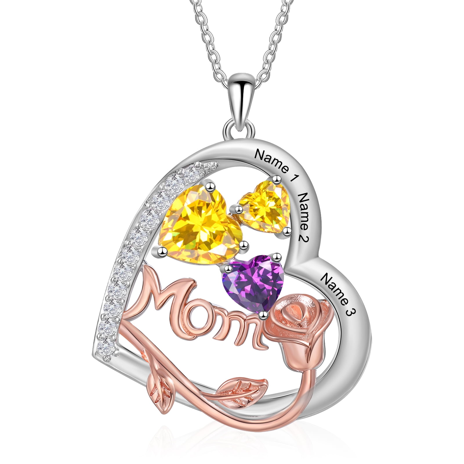 MEMENTOS JEWELRY Mementos Personalized Rhodium Plated Brass Family Necklace for Women(Mom) with 3 Birthstones Names