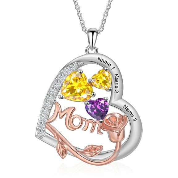 Mementos Customized Brass Heart Family Women's (Mother's) Necklace with 3 Birthstones and Names