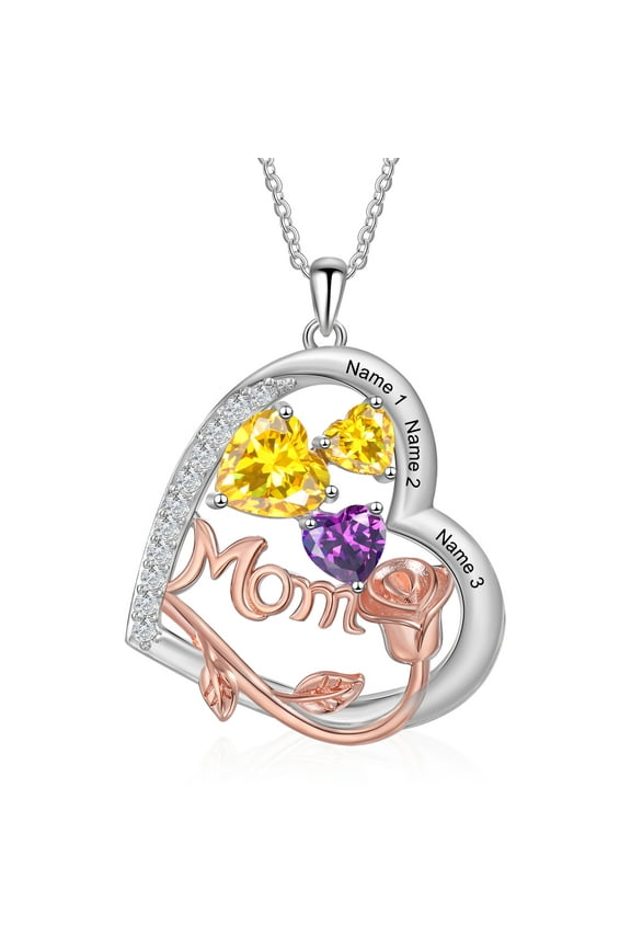 Mementos Customized Brass Heart Family Women's (Mother's) Necklace with 3 Birthstones and Names