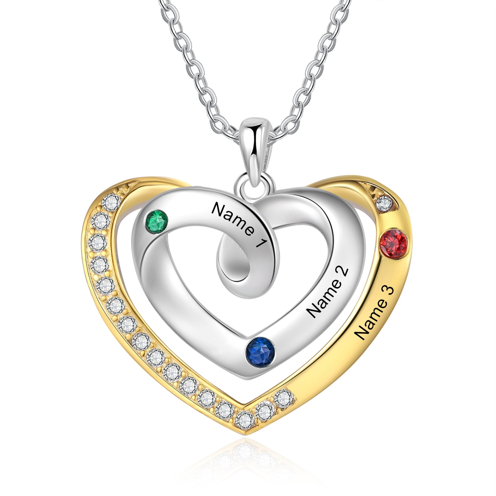 Mementos Personalized Rhodium Plated Brass Family Necklace for Women(Mom) with 3 Birthstones Names