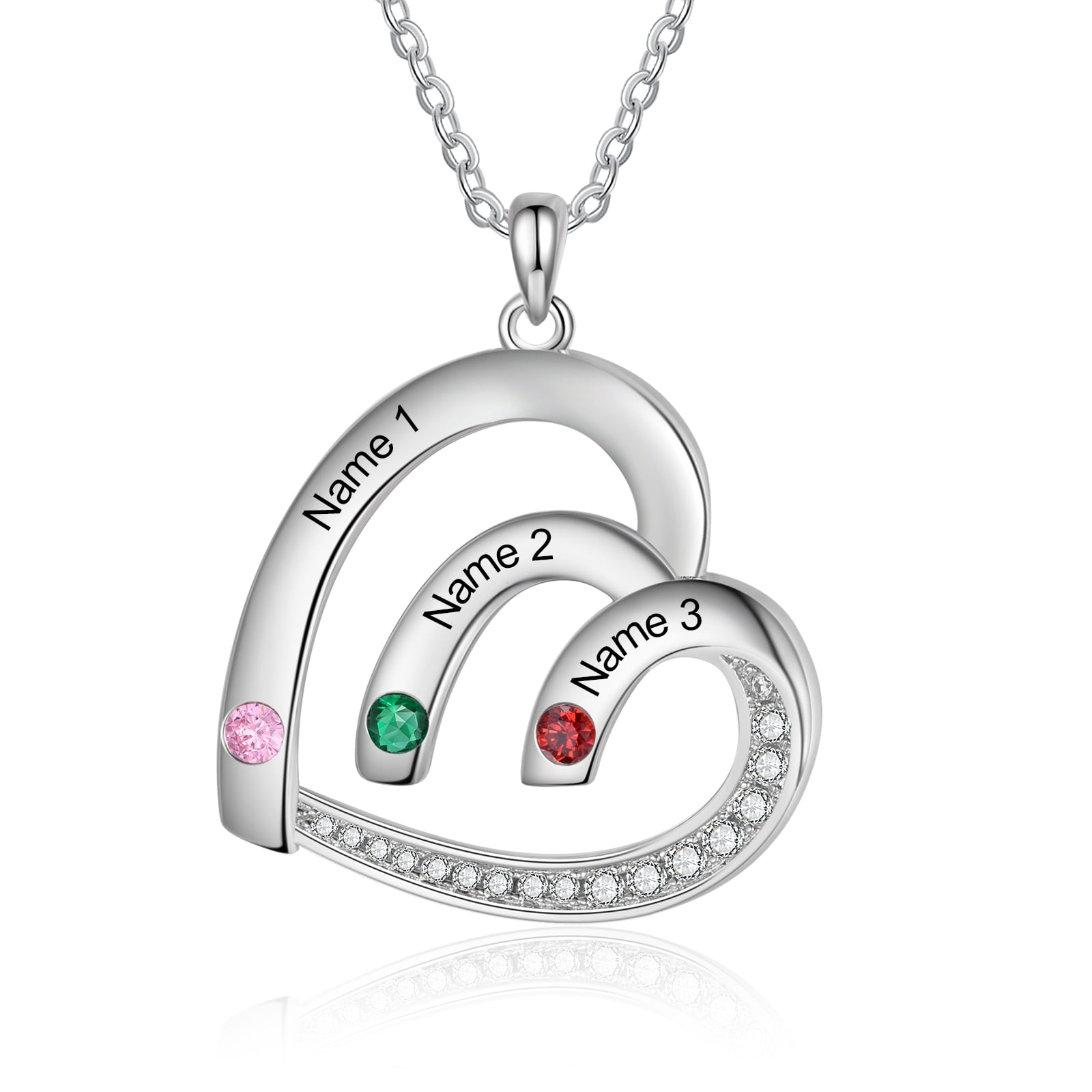 MEMENTOS JEWELRY Mementos Personalized Rhodium Plated Brass Family Necklace for Women(Mom) with 3 Birthstones Names