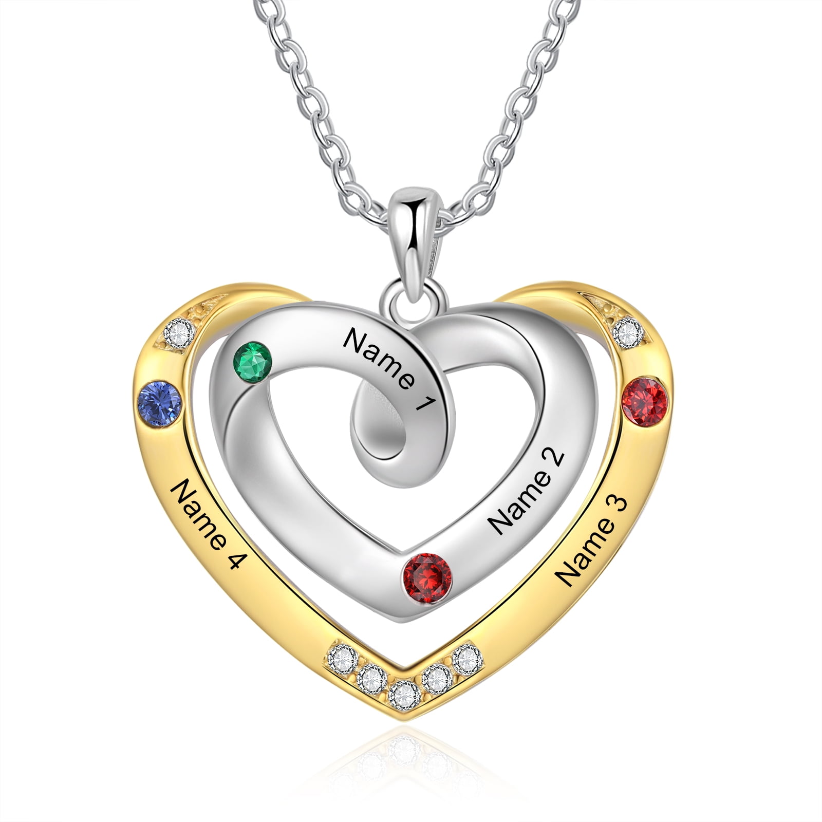MEMENTOS JEWELRY Mementos Personalized Rhodium Plated Brass Family Necklace for Women(Mom) with 4 Birthstones Names
