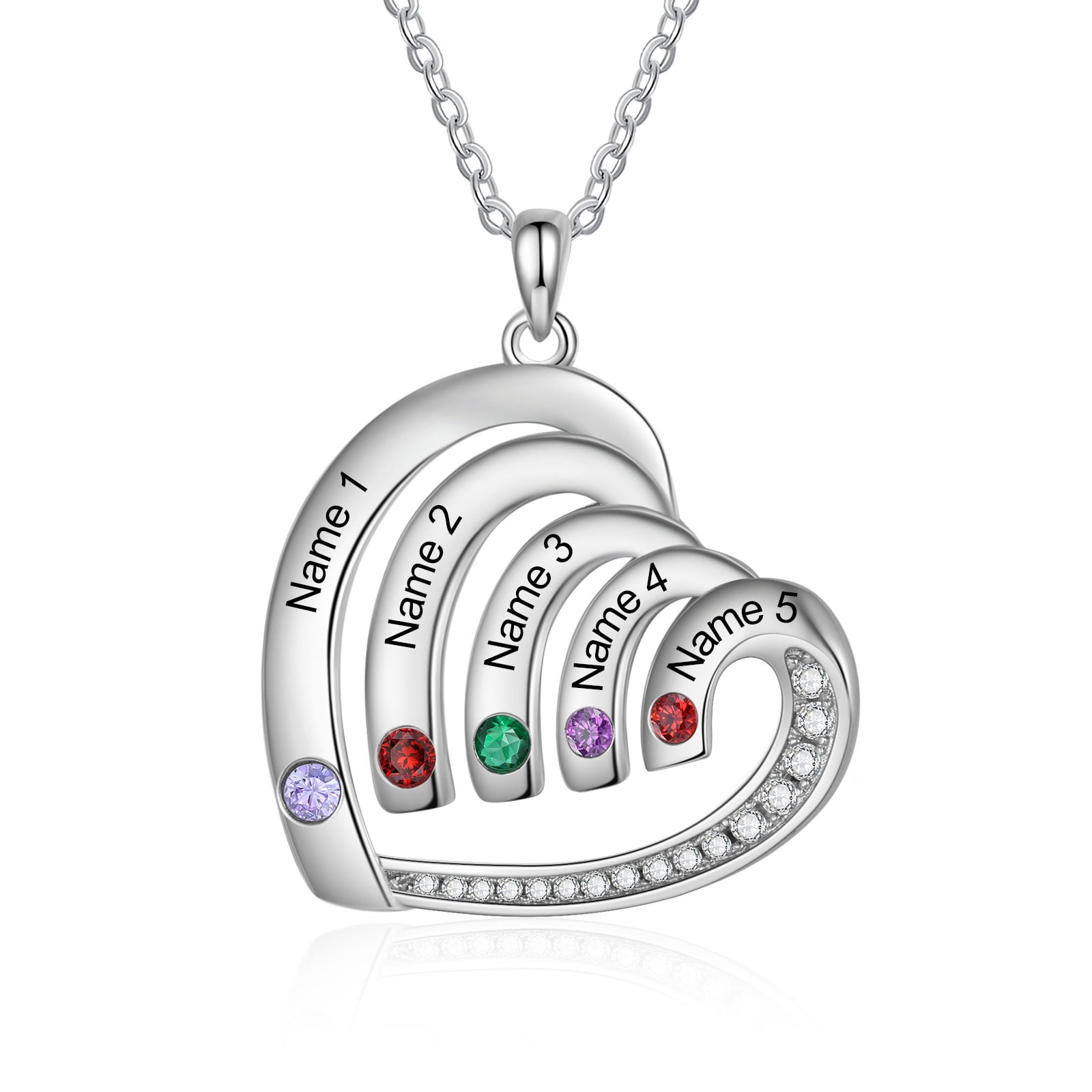 MEMENTOS JEWELRY Mementos Personalized Rhodium Plated Brass Family Necklace for Women(Mom) with 5 Birthstones Names