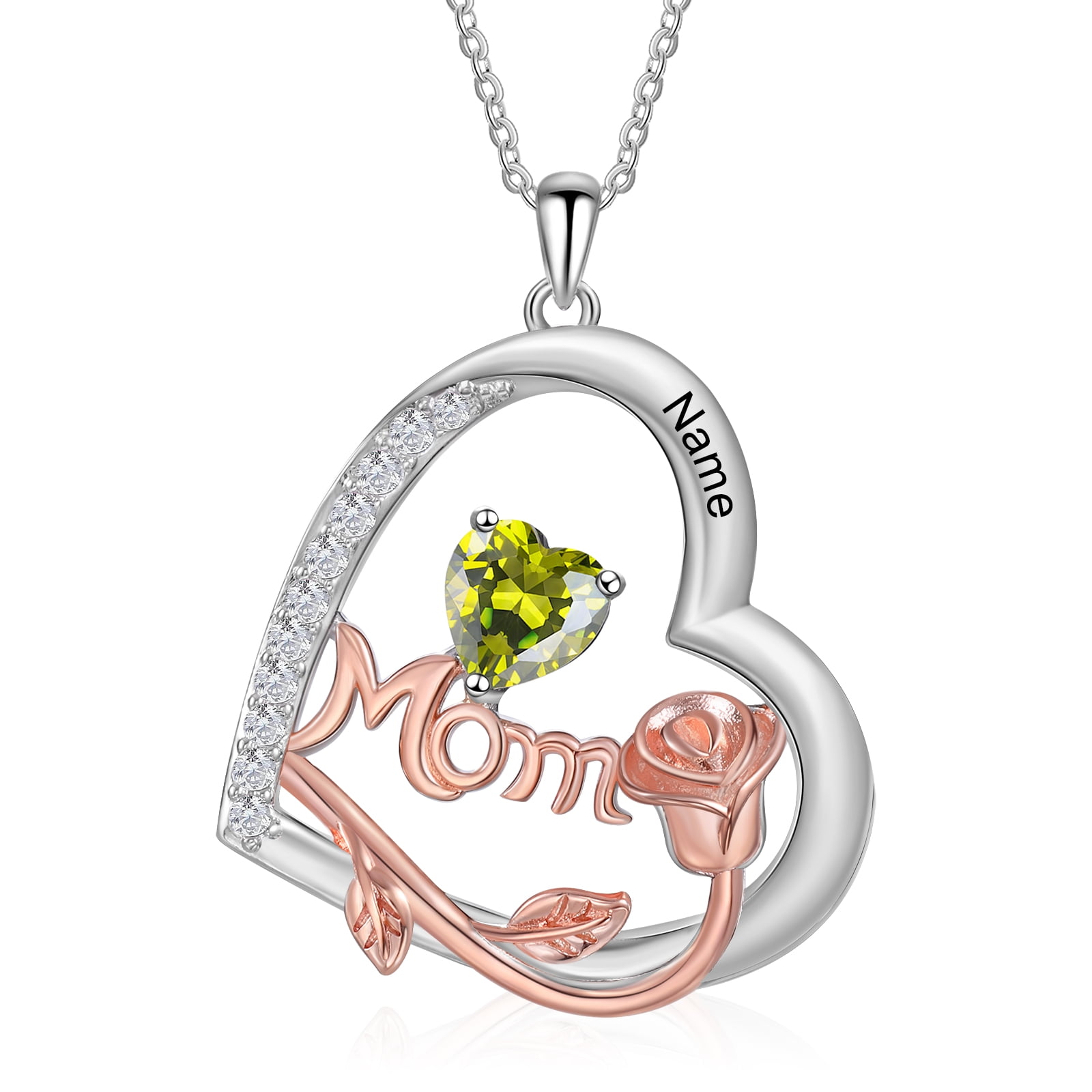 MEMENTOS JEWELRY Mementos Personalized Rhodium Plated Brass Heart Family Birthstone and Name Necklace for Women(Mom)