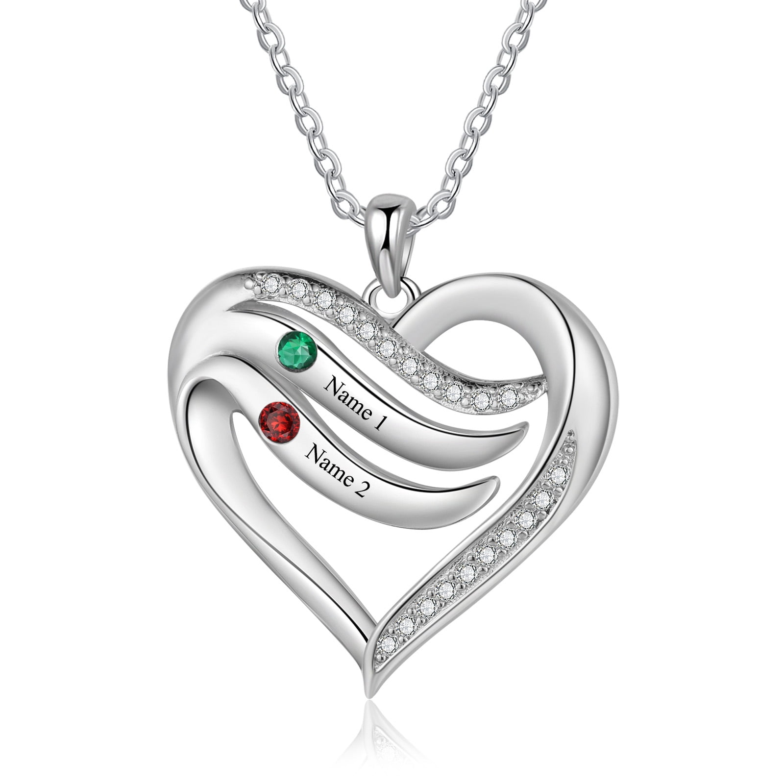MEMENTOS JEWELRY Mementos Personalized Sterling Silver Heart Family Necklace for Women(Mom) with 2 Birthstones Names