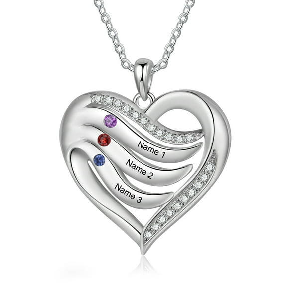 Mementos Personalized Family Mother's (Women's) Necklace Sterling Silver with 3 Birthstones Names