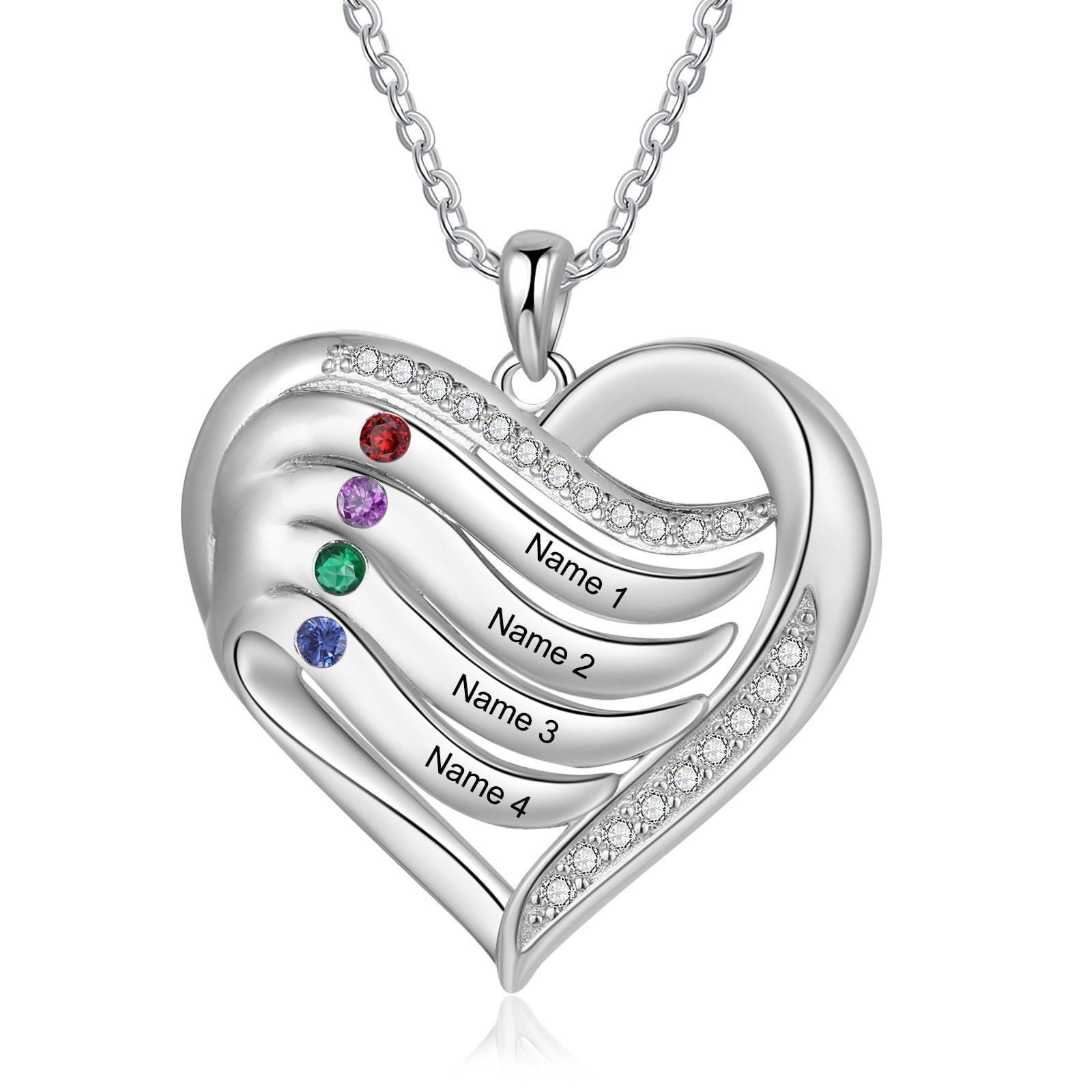 MEMENTOS JEWELRY Mementos Personalized Family Mother's (Women's) Necklace Sterling Silver with 4 Birthstones Names