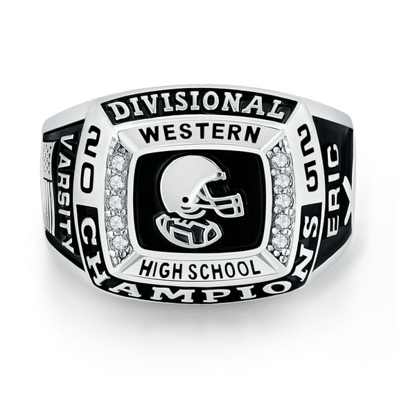 Mementos PJM Custom Men's Class Rings 10kt White Gold for High School and College-Champion