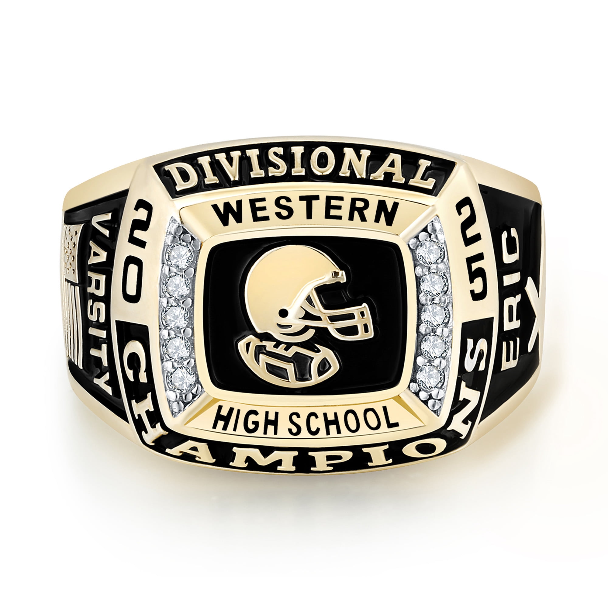 Mementos USA Custom Men's Class Rings 10kt Yellow Gold for High School and College-Champion