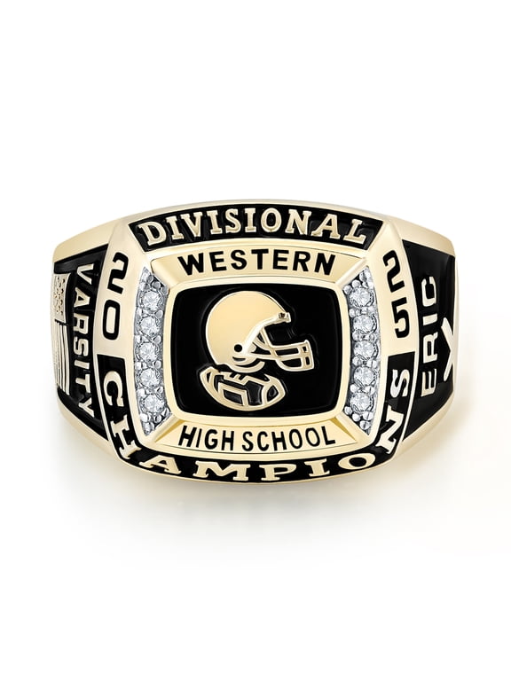 Mementos USA Custom Men's Class Rings 10kt Yellow Gold for High School and College-Champion