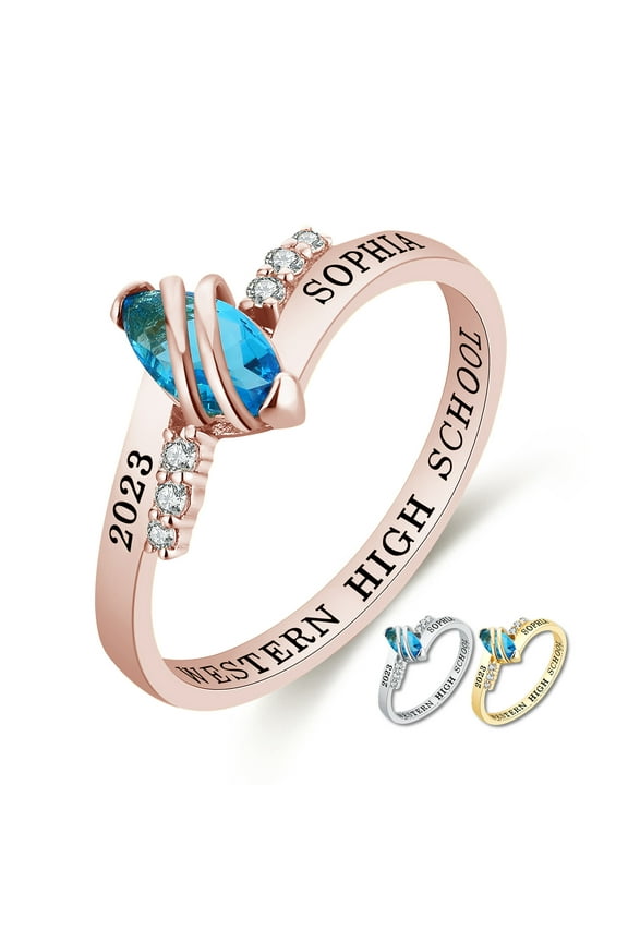 Mementos PJM Custom Class Ring for Women High School and College-Sterling Silver/Rose Gold-Moonlight