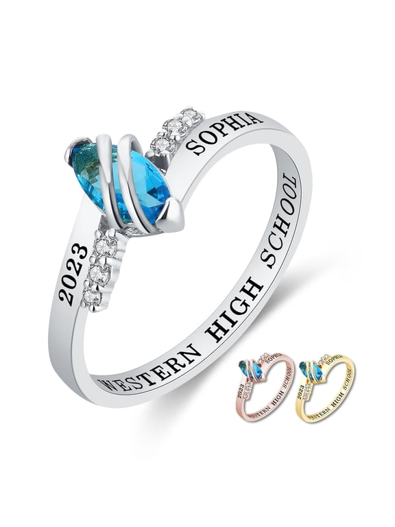 Mementos USA Custom Class Ring for Women High School and College-Sterling Silver/Platinum-Moonlight-