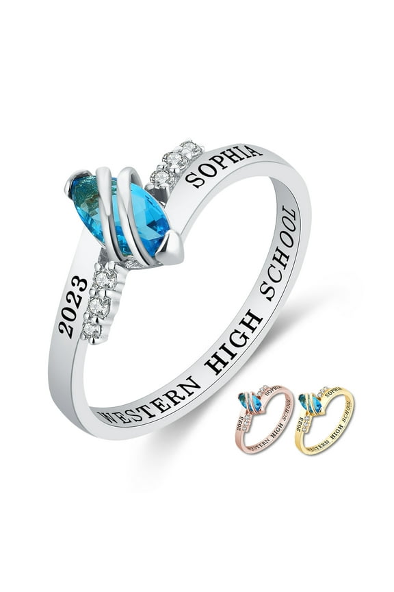 Mementos PJM Custom Class Ring for Women High School and College-Sterling Silver/Platinum-Moonlight-