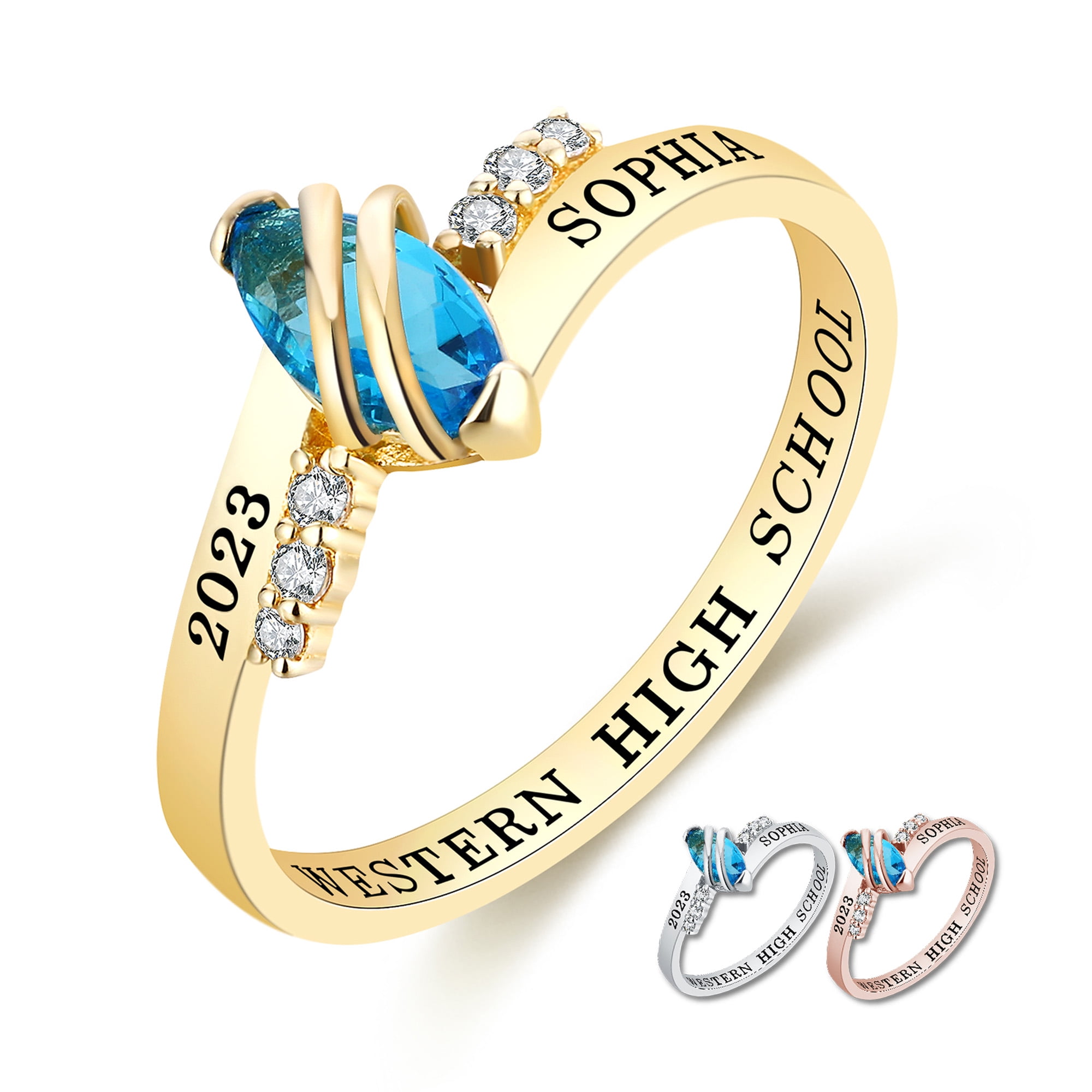 Mementos USA Custom Class Ring for Women High School and College-Sterling Silver/Gold-Moonlight