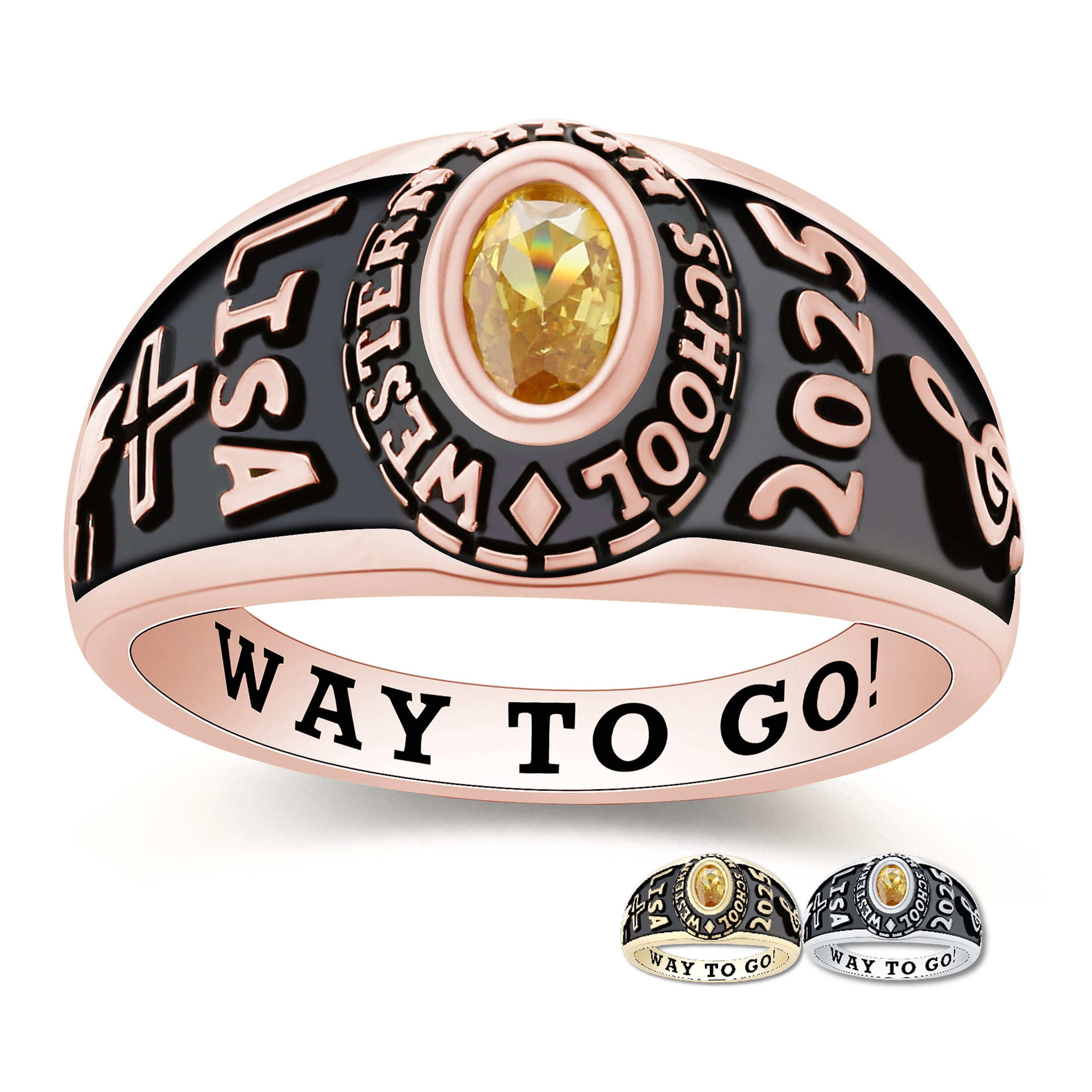 Mementos USA Customized Petite Women's Class Ring Sterling Silver for High School College-Rose Gold