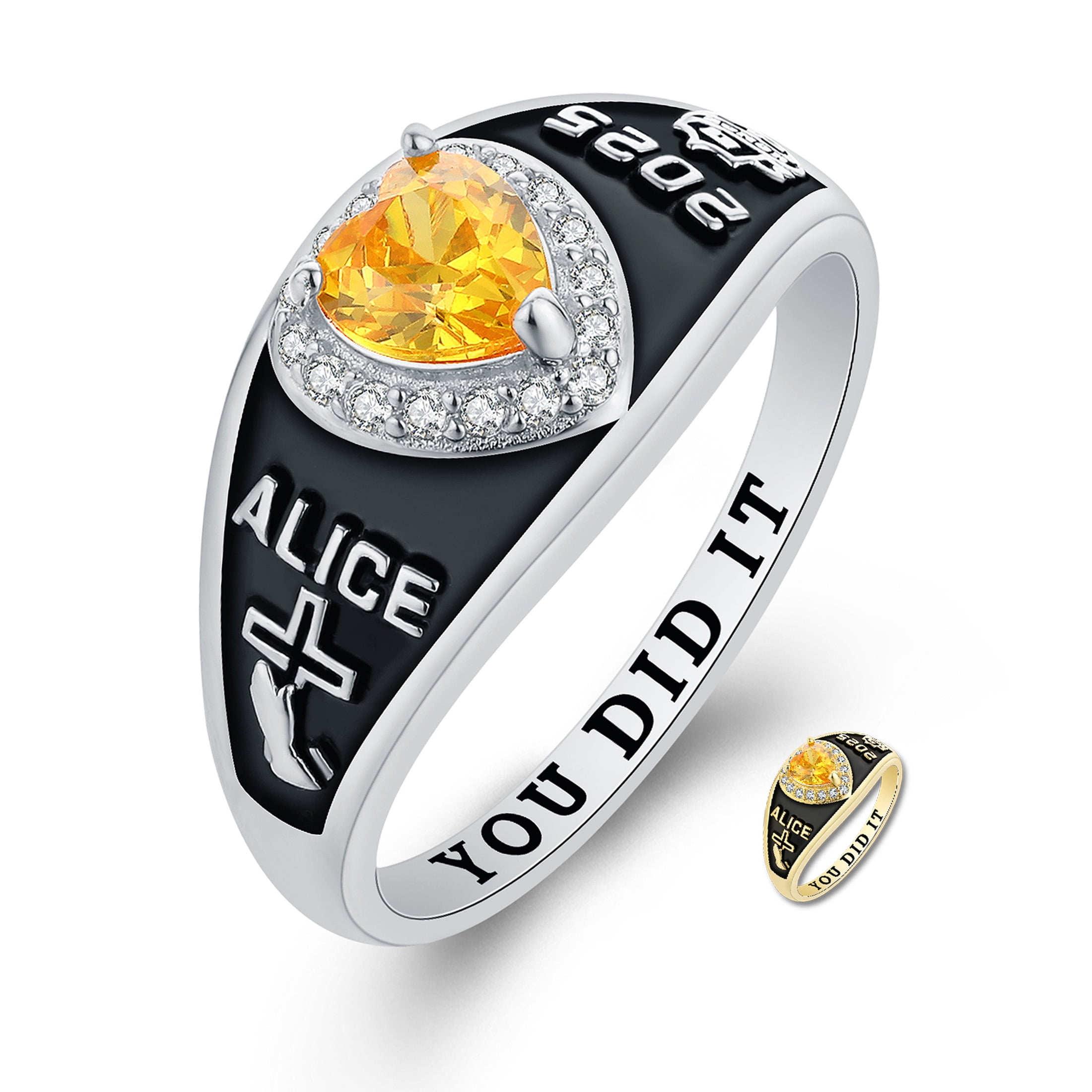 Mementos USA Custom Women's Class Rings 10kt White Gold for High School College-Lovely