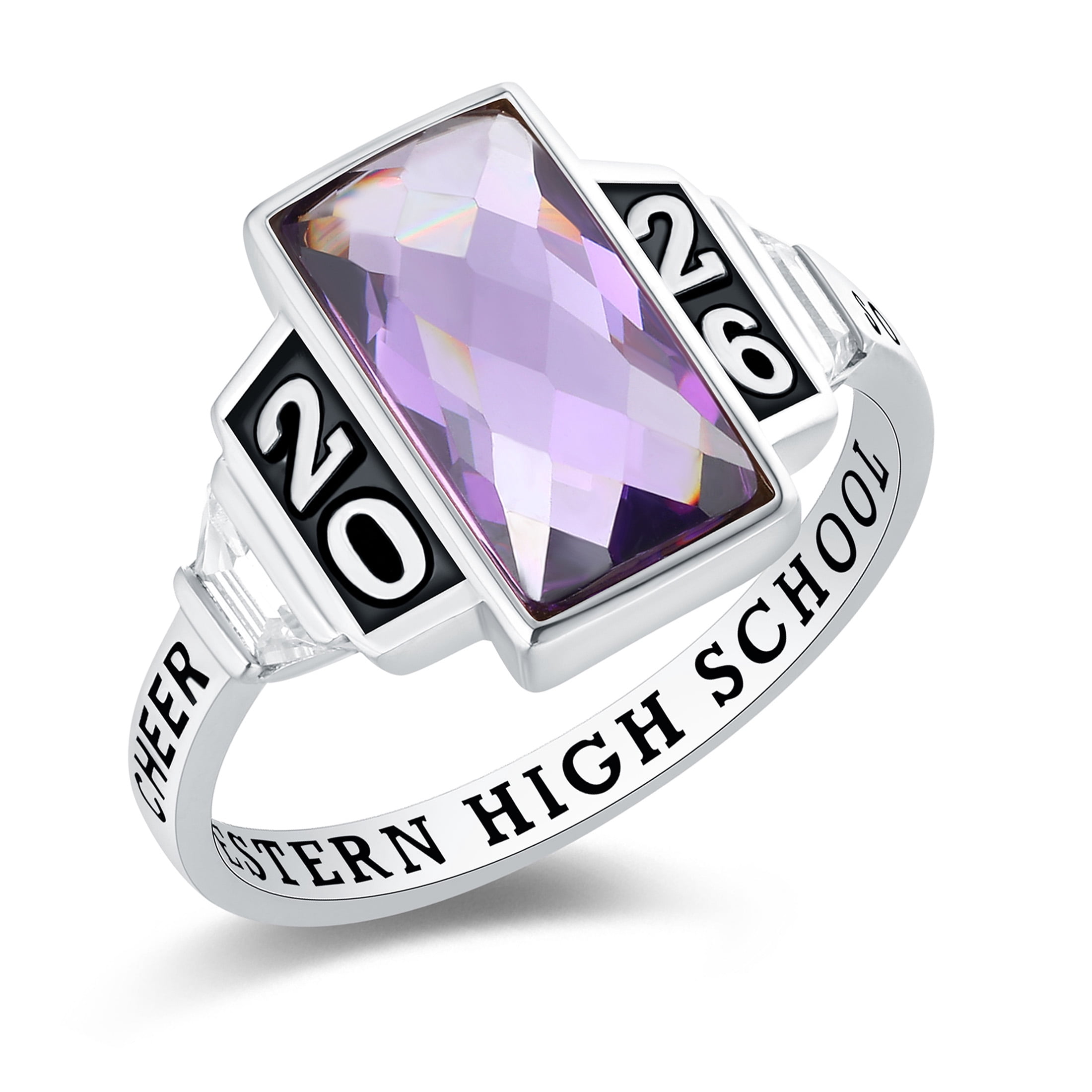 Mementos USA Custom 10kt White Gold Class Ring for Women High School College-Checkboard
