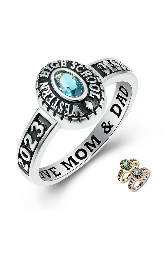 Mementos PJM Custom Class Rings for Women High School or College-Sterling Silver 925/Rhodium Plated
