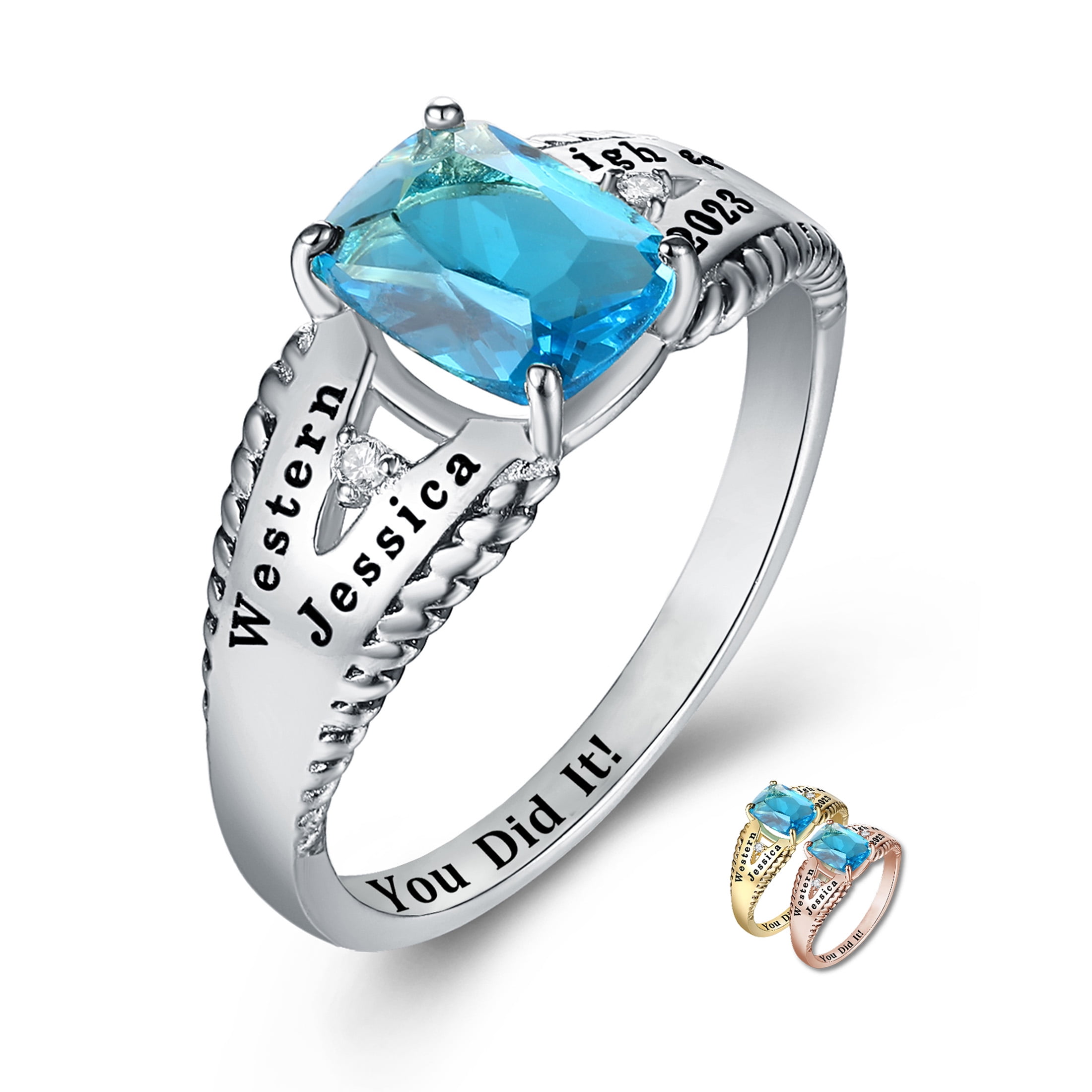 Mementos USA Custom Women's Class Rings Sterling Silver for High School or College-Rhodium Plated