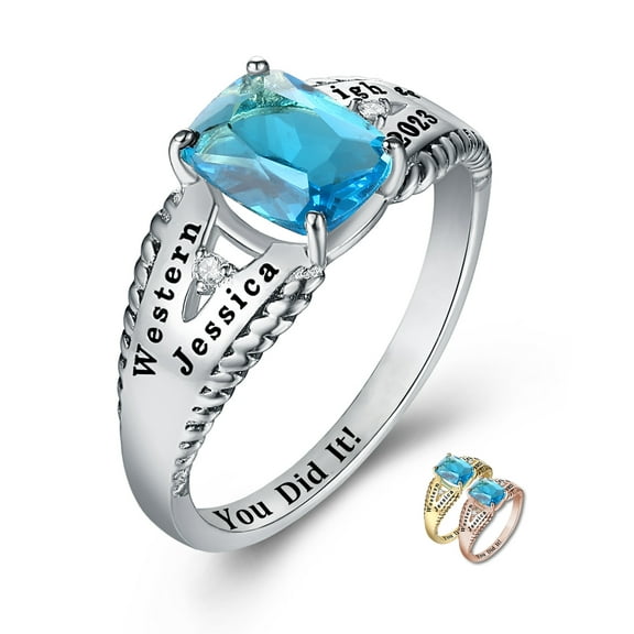 Mementos PJM Custom Women's Class Rings Sterling Silver for High School or College-Rhodium Plated