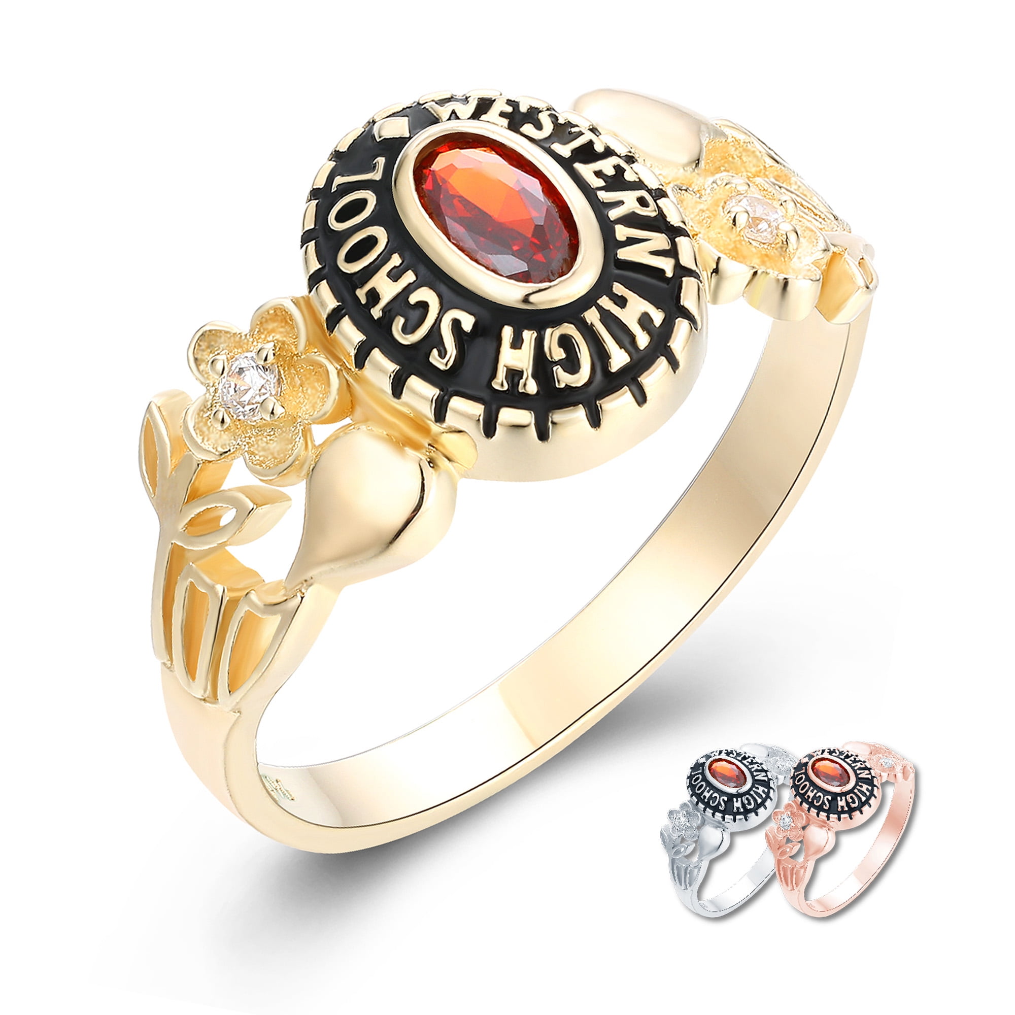Mementos USA Custom Women's Class Ring Sterling Silver for High School-Petite Flower-Gold