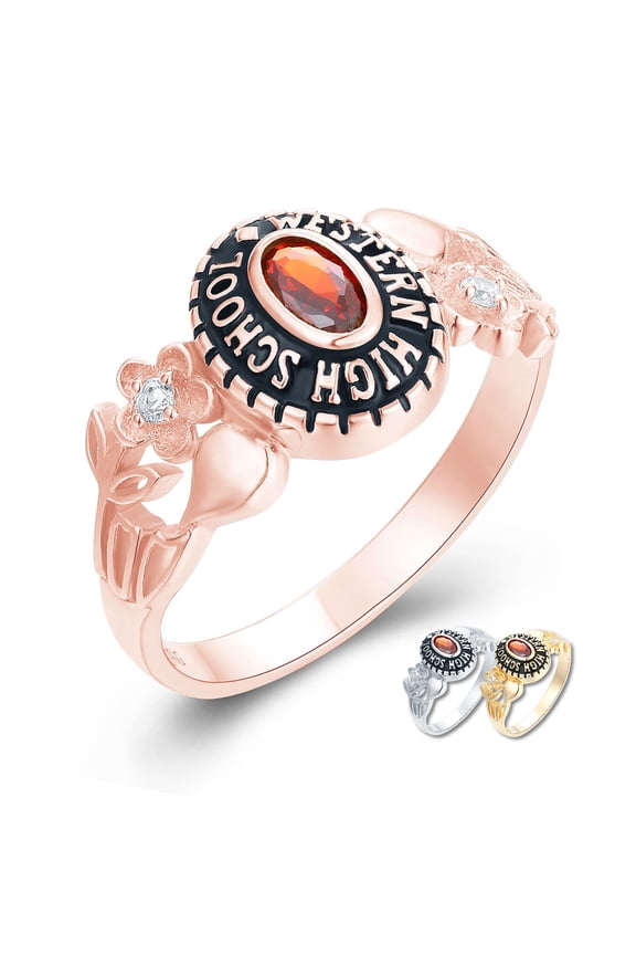 Mementos USA Custom Women's Class Ring Sterling Silver for High School-Petite Flower-Rose Gold