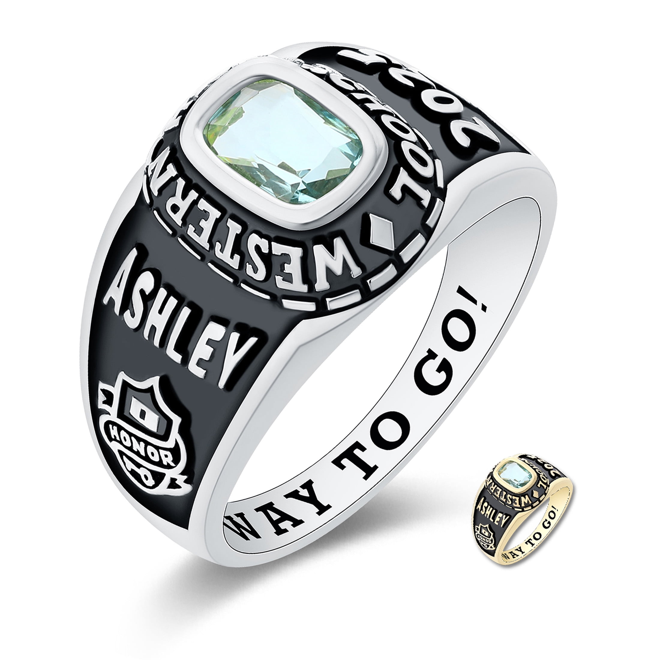 Mementos USA Customized Small Women's Class Ring 10kt White Gold for High School and College