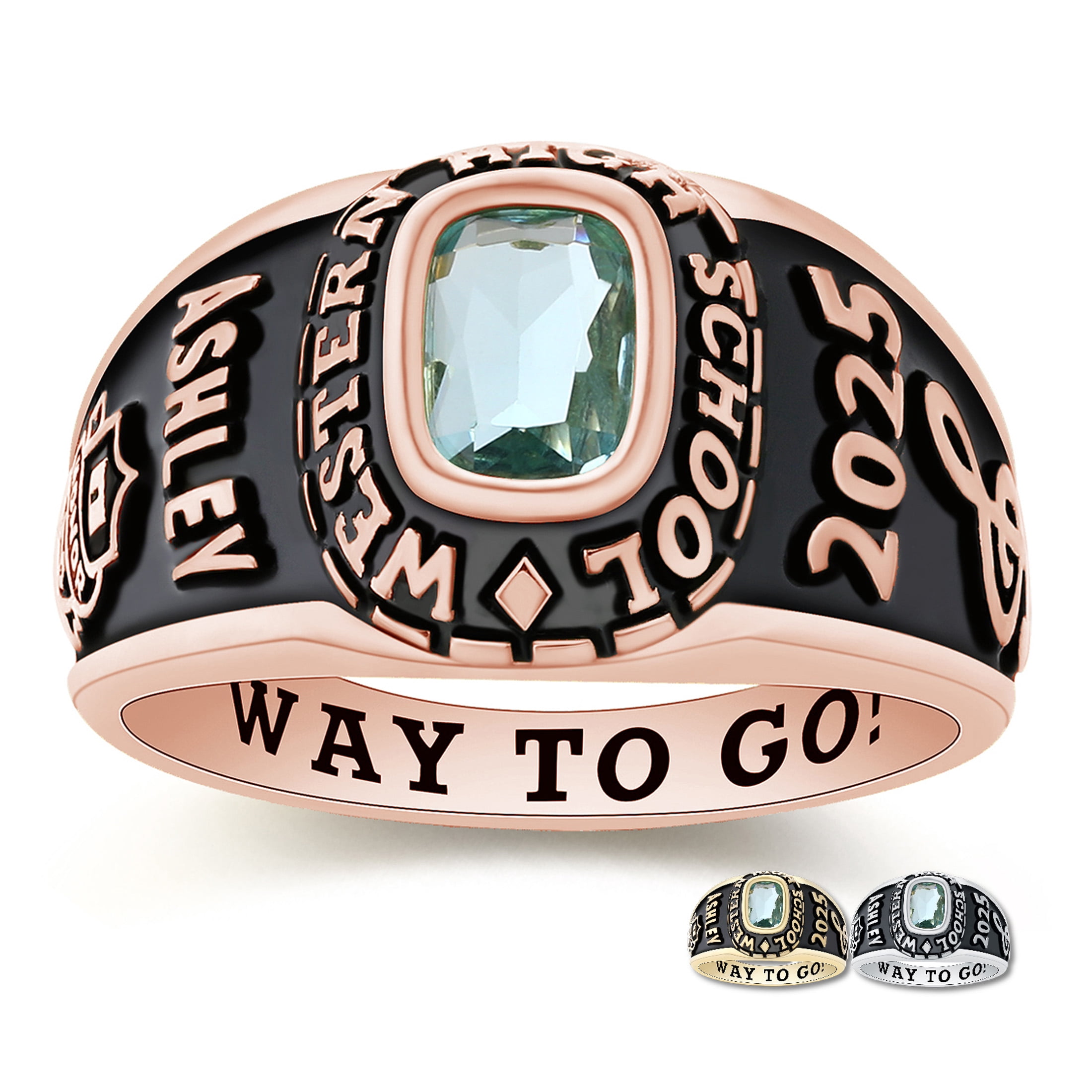 Mementos USA Customized Small Women's Class Ring for High School College-Sterling Silver/Rose Gold
