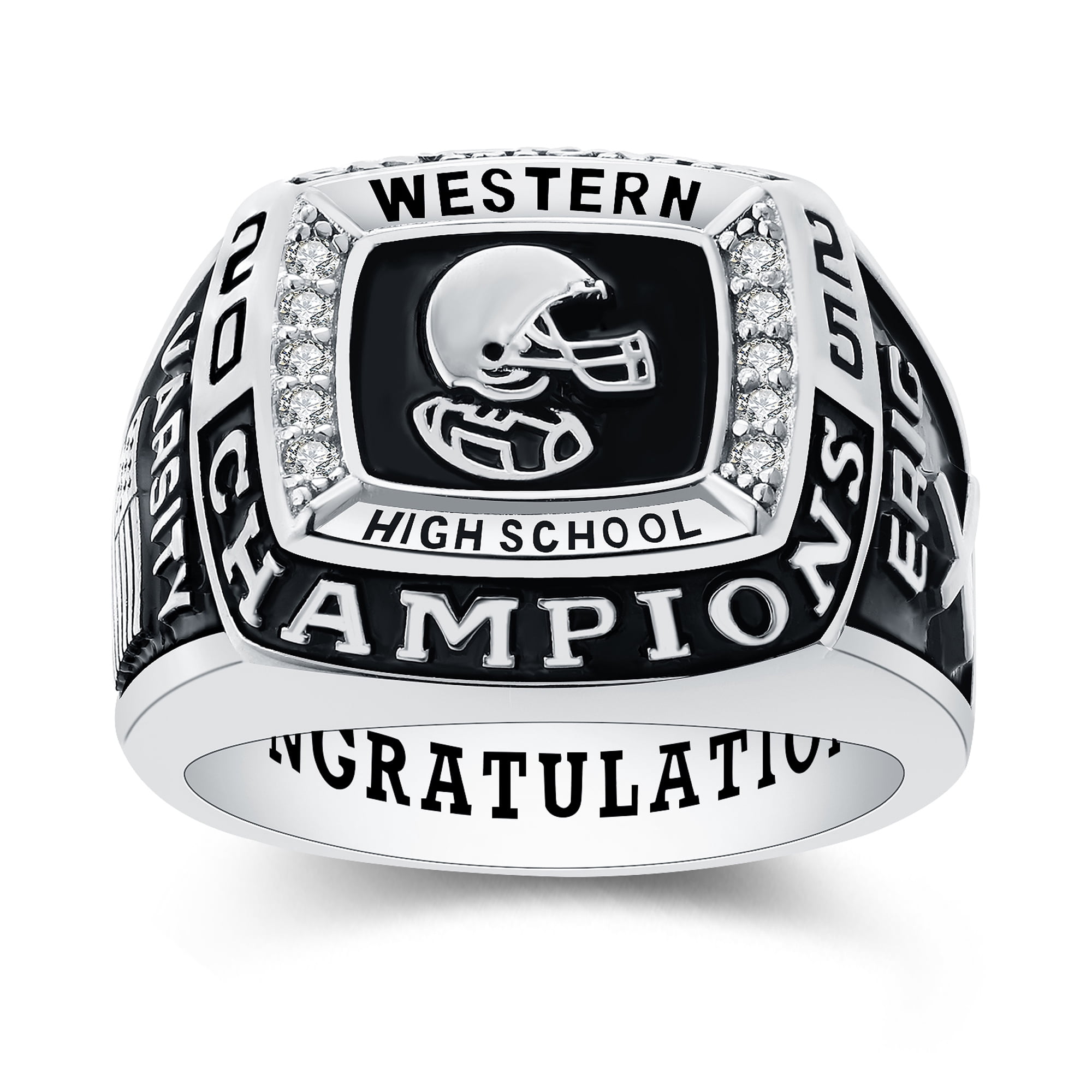 Mementos USA Custom Men's Class Rings Sterling Silver for High School and College-Platinum-Champion