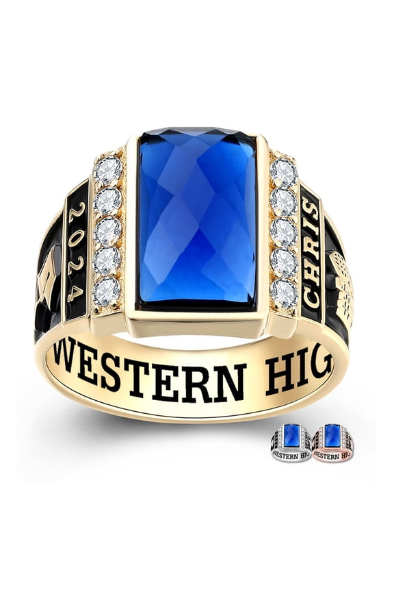Mementos USA Custom Men's Class Rings Sterling Silver for High School College-Gold-Checkboard