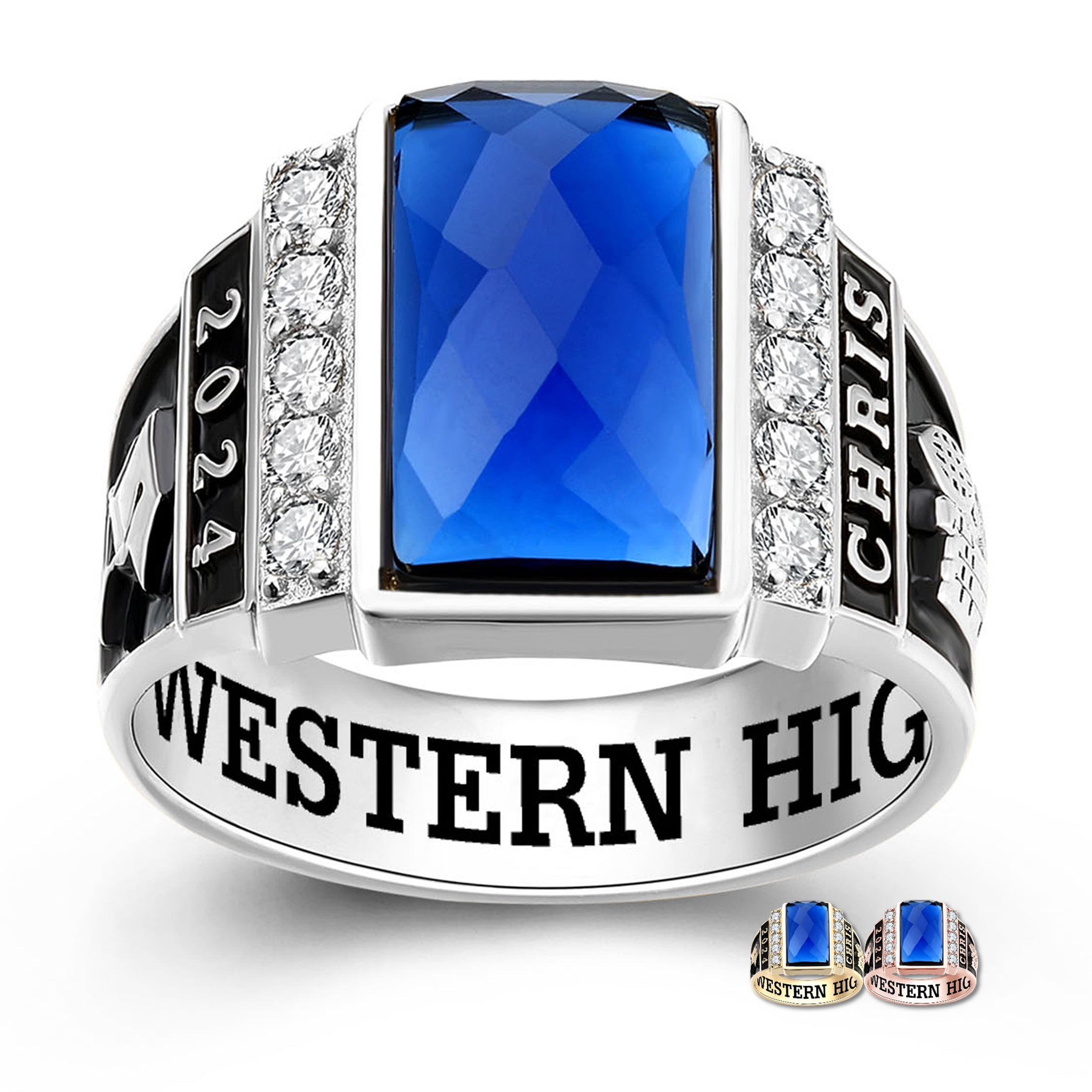 Mementos USA Custom Men's Class Rings Sterling Silver for High School College-Platinum-Checkboard