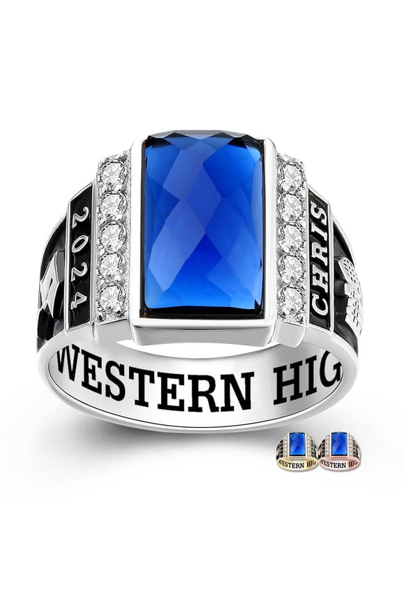Mementos USA Custom Men's Class Rings Sterling Silver for High School College-Platinum-Checkboard