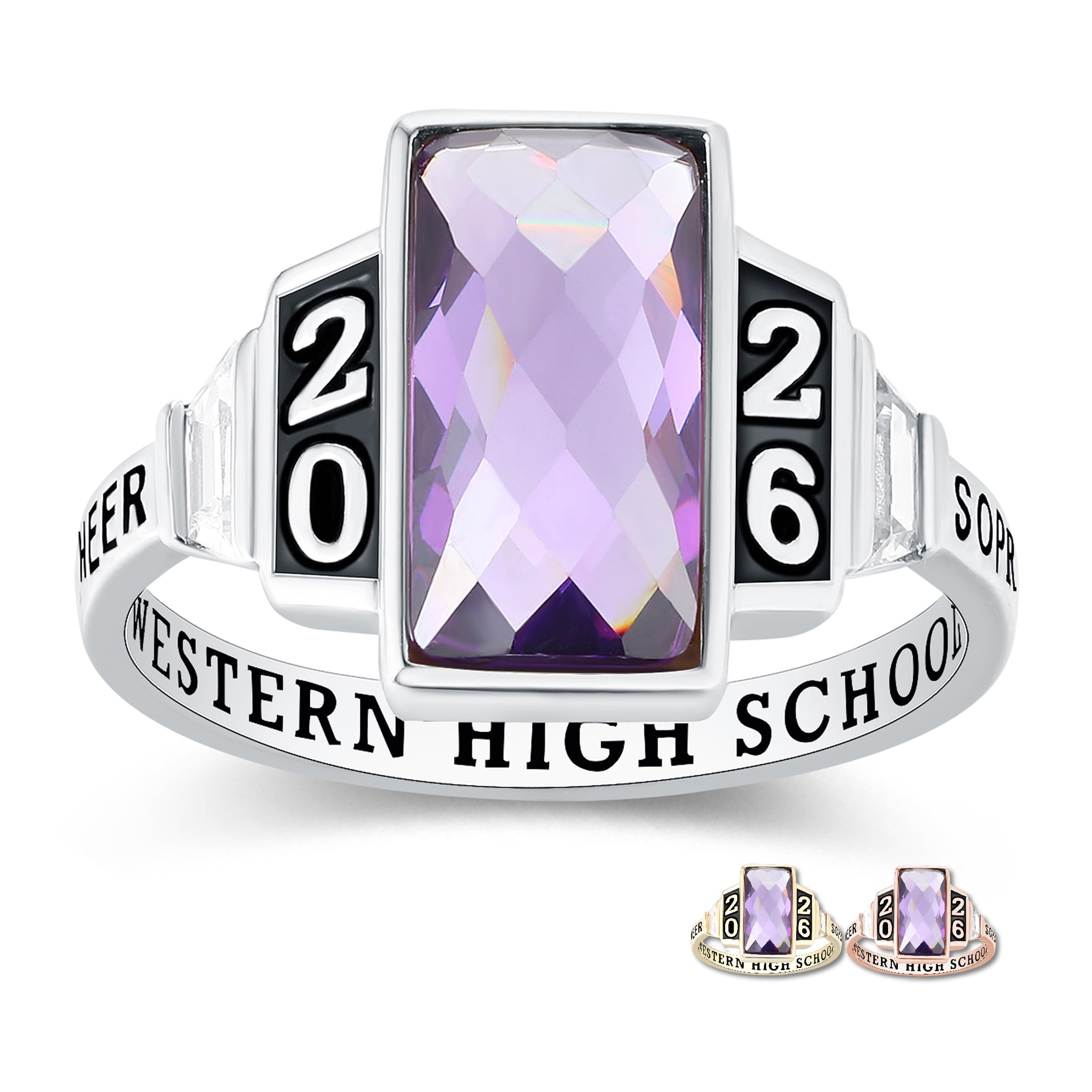 Mementos USA Custom Sterling Silver Class Ring for Women High School College-Platinum-Checkboard