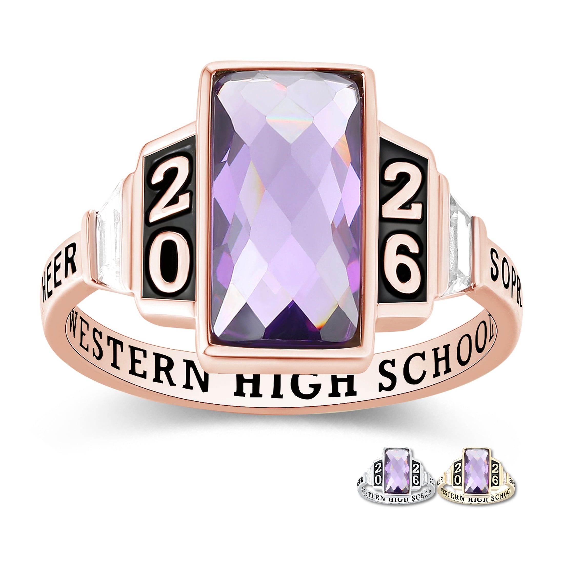 Mementos USA Custom Sterling Silver Class Ring for Women High School College-Rose Gold-Checkboard