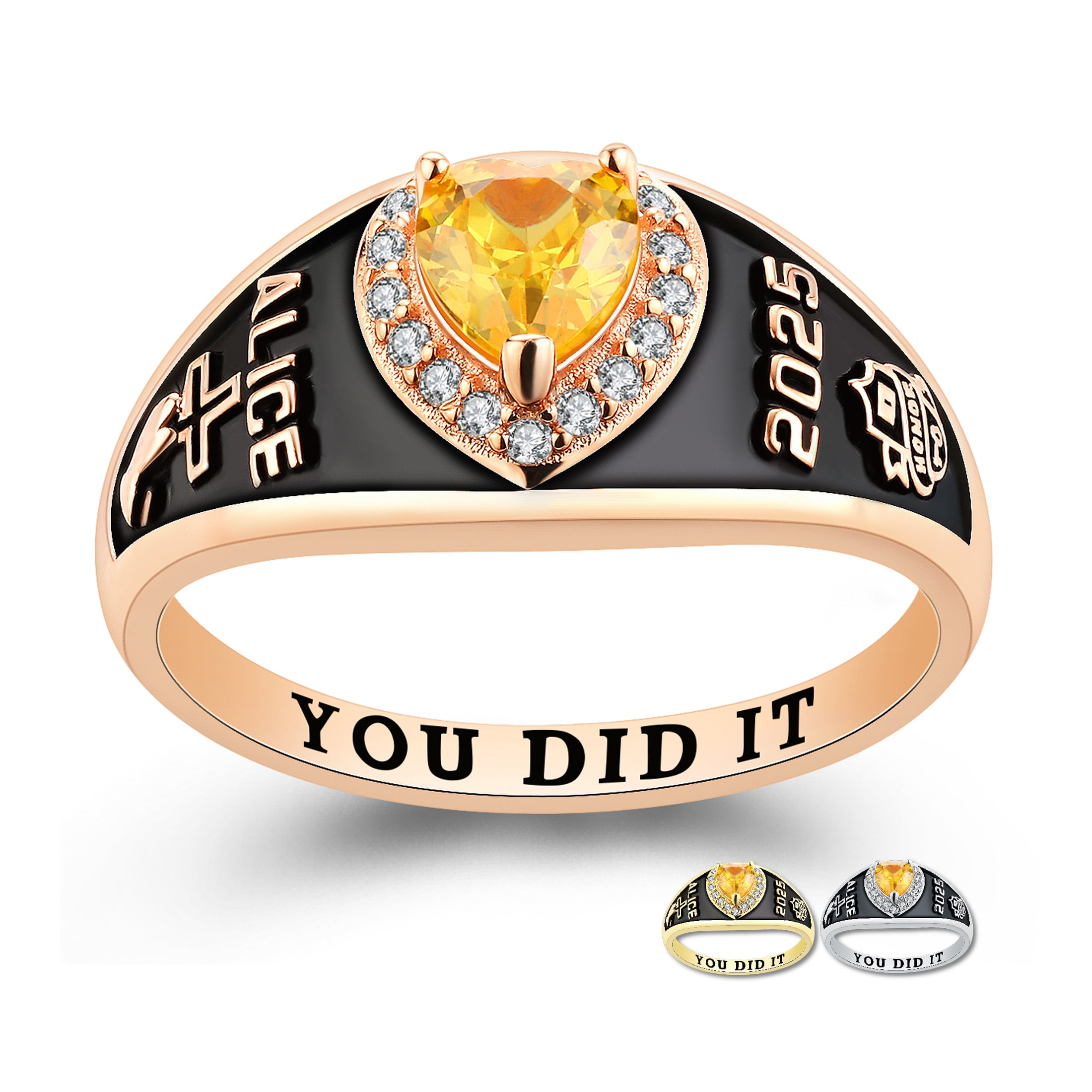 Mementos USA Custom Women's Class Rings Sterling Silver for High School College-Rose Gold-Lovely