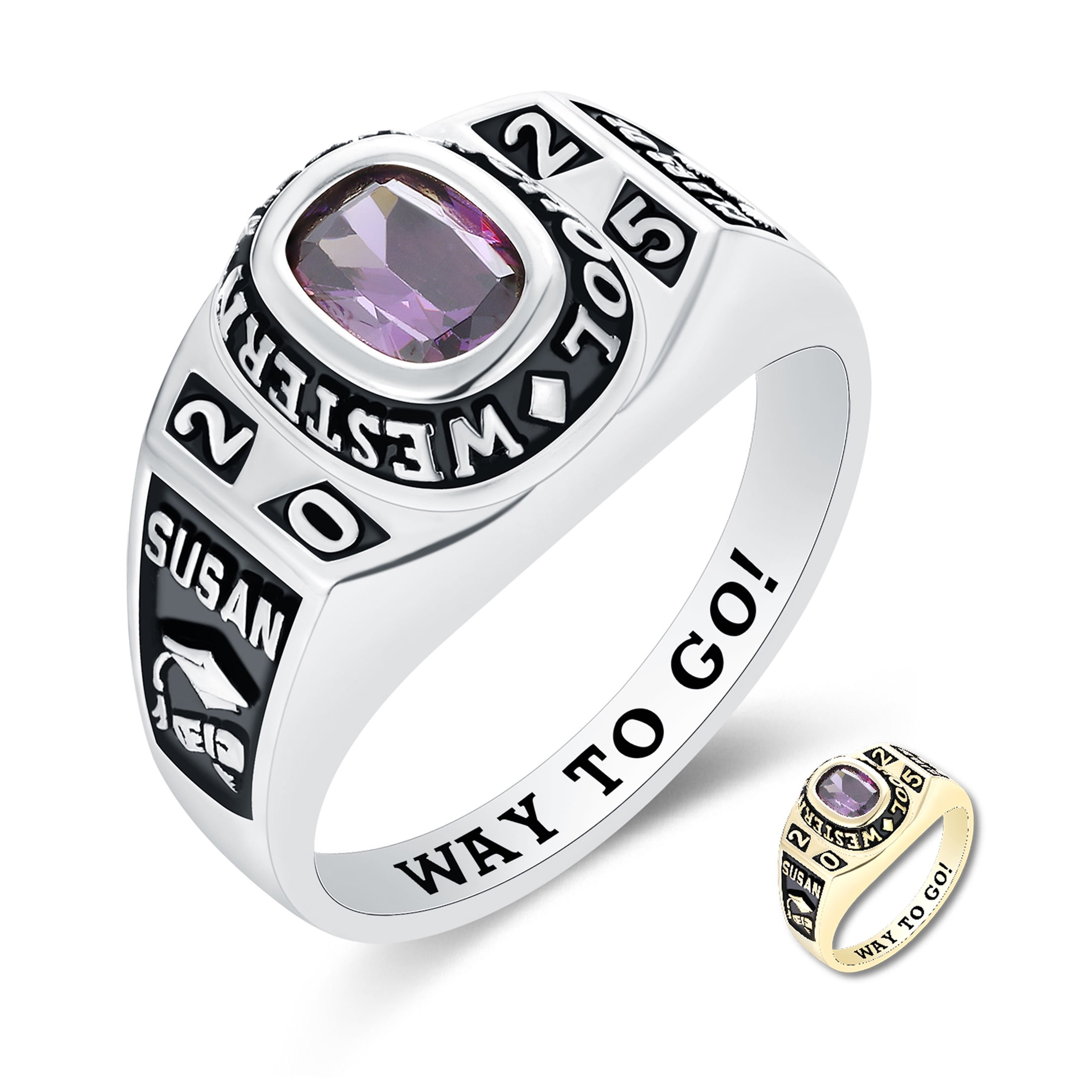 Mementos USA Custom10kt White Gold Class Ring for Women High School and College-Flawless