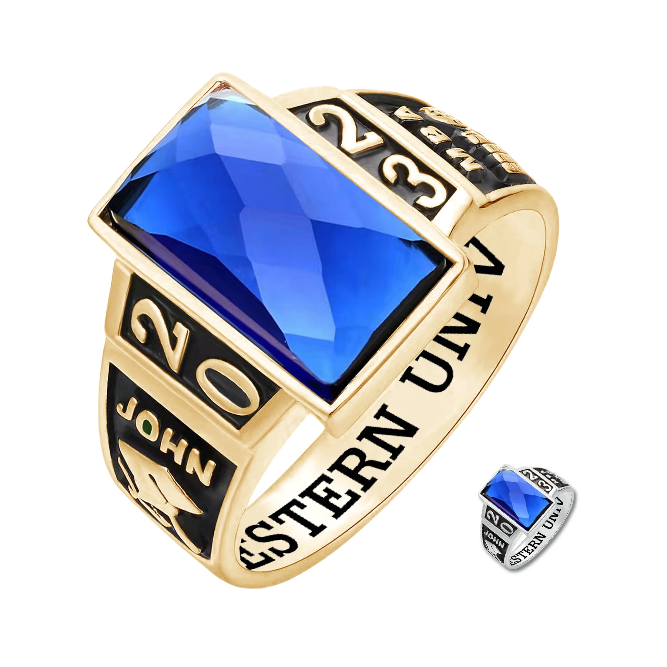 Mementos USA Custom Men's Class Rings 10kt Yellow Gold for High School and College-Checkboard