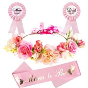 Memeyou Baby Shower Decoration Mom To Be Sash And Dad To Be Corsage Badge Kit Adjustable Flower Crown Tiara arty Favors For Pregnancy Parents Maternity Girl Boy Gender Reveal Pink