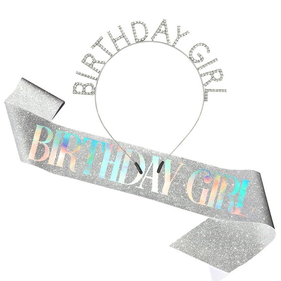Memeyou Glitter Silvery Birthday Girl Sash & Birthday Headband Crowns tiaras Set for Women Princess Rhinestone Sweet Funny Happy Party Gifts Accessories
