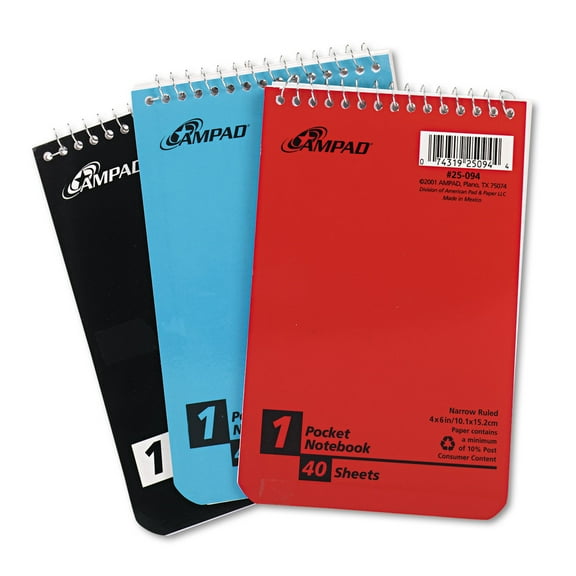 Ampad Wirebound Pocket Memo Book Narrow 4 x 6 White 40 Sheets 3/Pack 45094