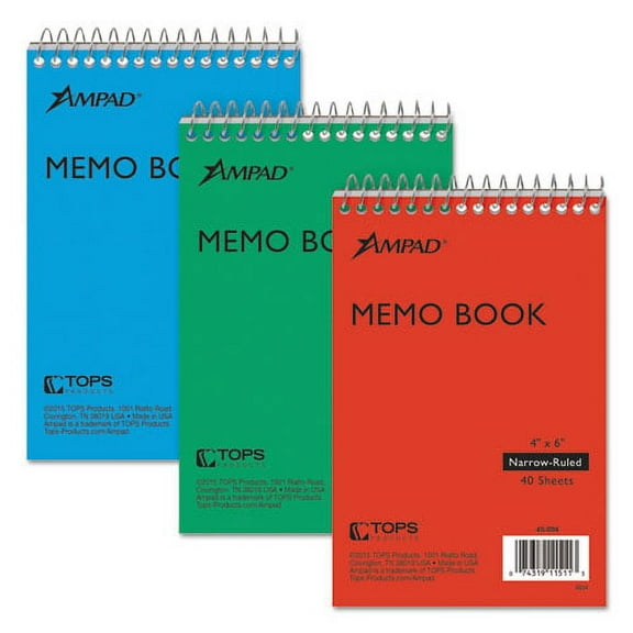 Memo Pads, Narrow Rule, Assorted Cover Colors, 40 White 4 X 6 Sheets, 3/pack | Bundle of 2 Packs