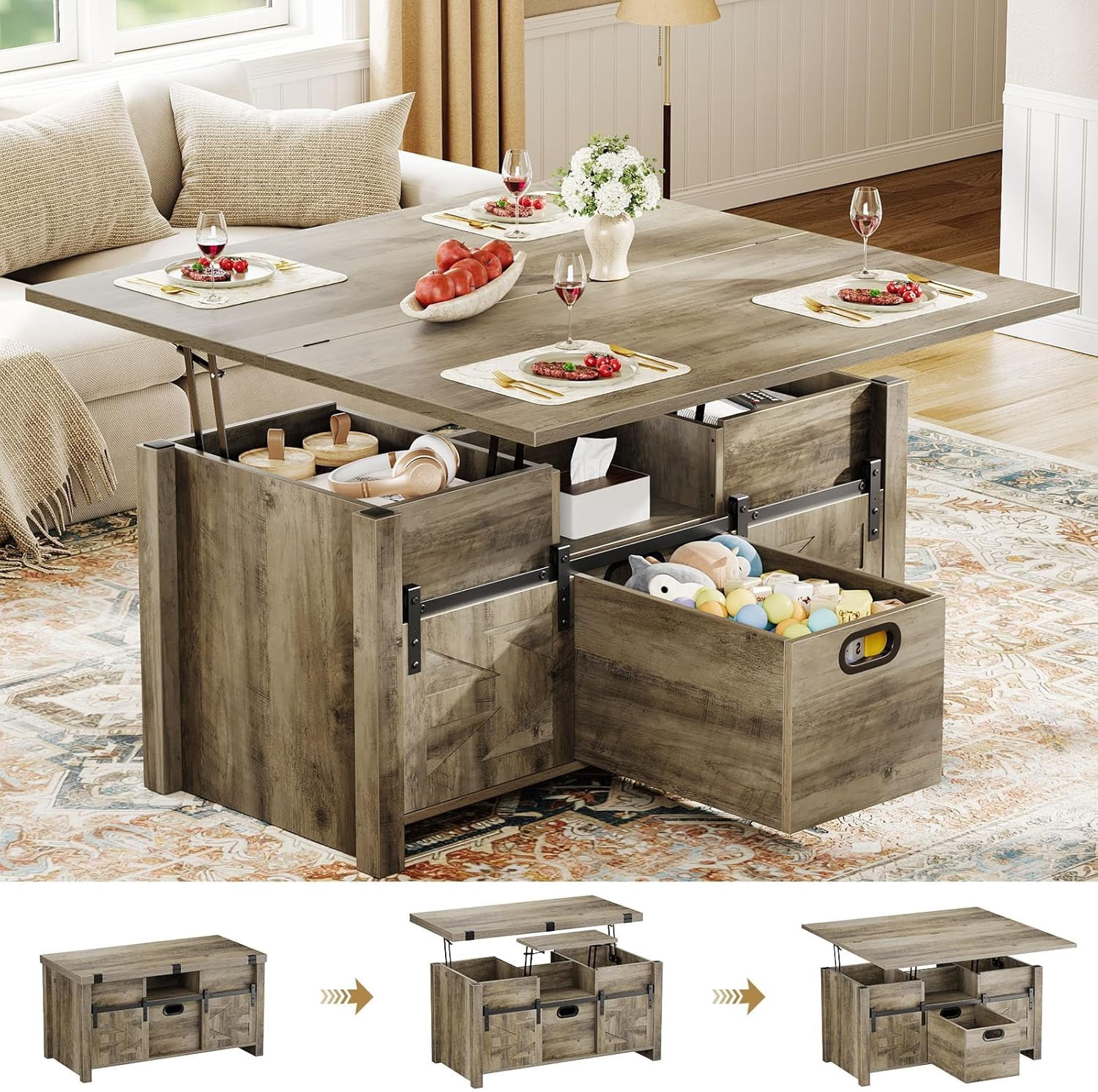 Memobarco 40" Farmhouse Lift Top Coffee Table with Sliding Barn Door,4 ...